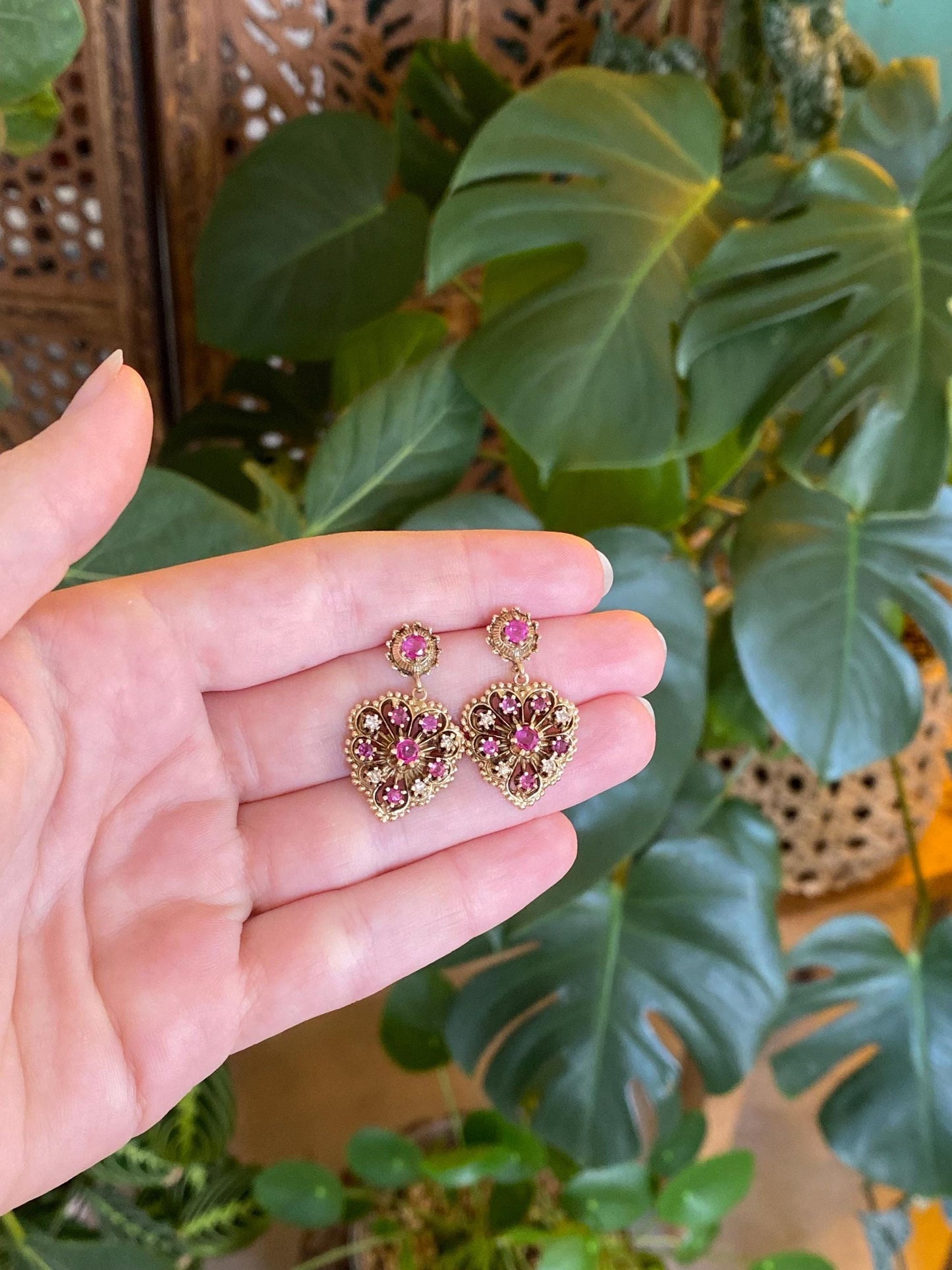 Vintage Solid 14k Yellow Gold Diamond Pink Sapphire Ornate Dangle Stud Earrings