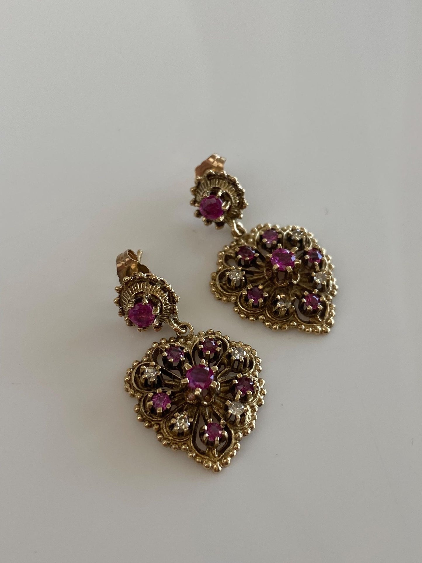 Vintage Solid 14k Yellow Gold Diamond Pink Sapphire Ornate Dangle Stud Earrings