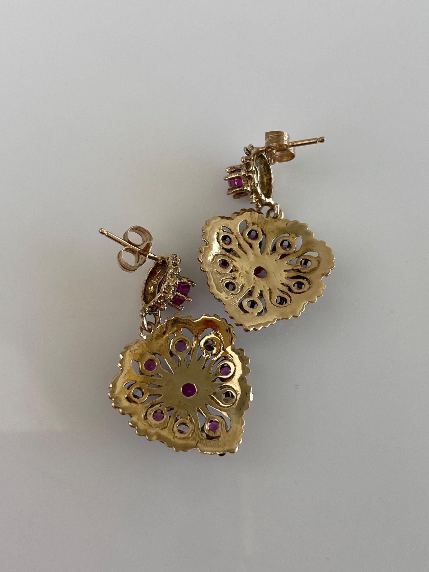 Vintage Solid 14k Yellow Gold Diamond Pink Sapphire Ornate Dangle Stud Earrings