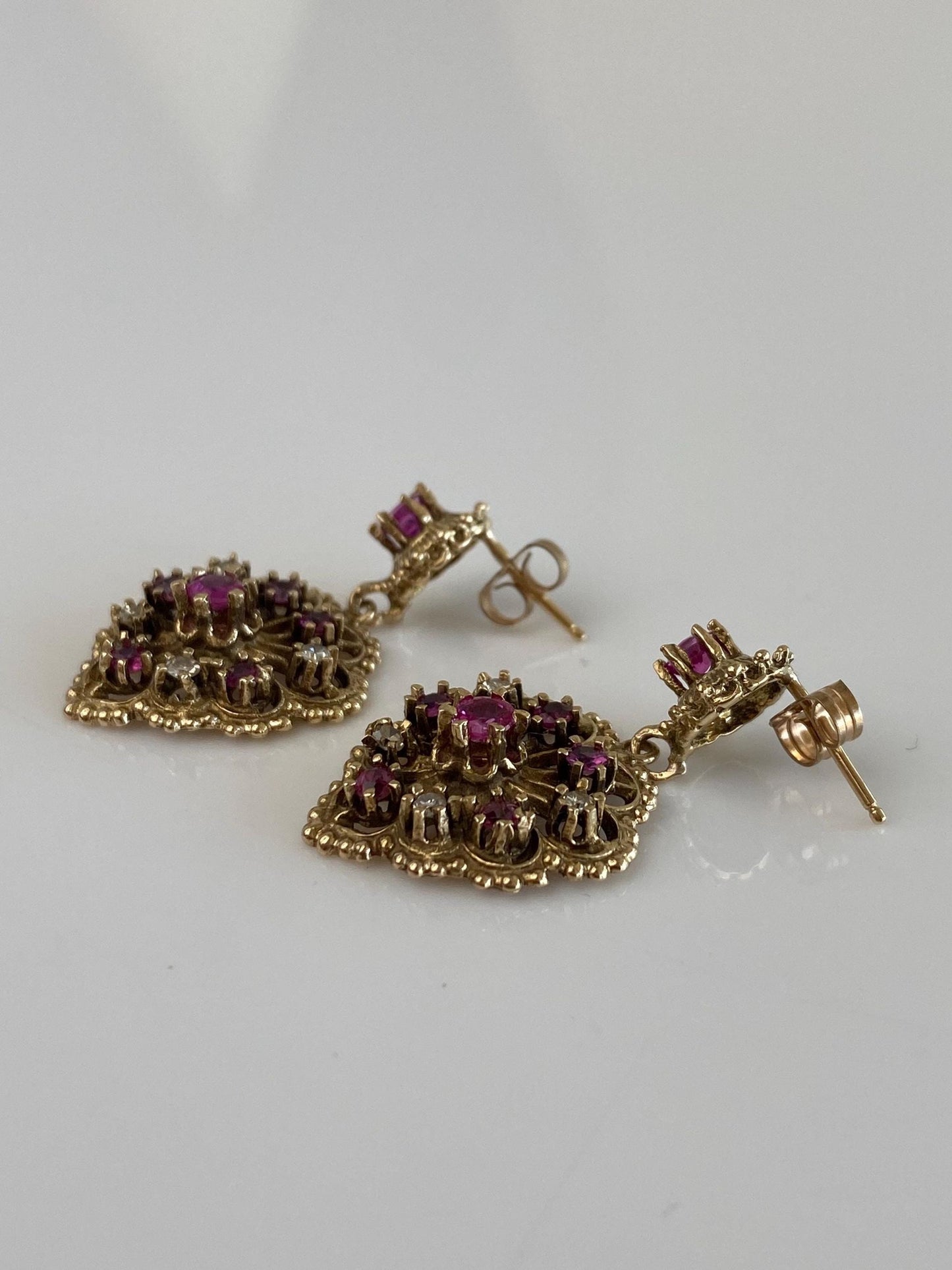 Vintage Solid 14k Yellow Gold Diamond Pink Sapphire Ornate Dangle Stud Earrings