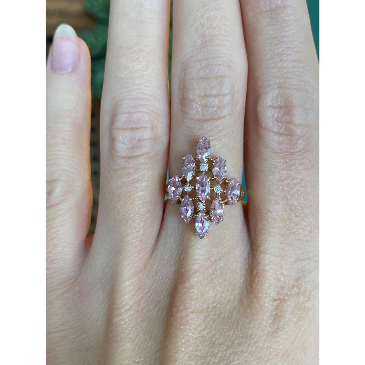 Vintage Solid 10k Yellow Gold Pink & Clear Cubic Zirconia Cluster Ring - Size 6.25