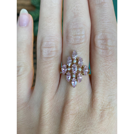 Vintage Solid 10k Yellow Gold Pink & Clear Cubic Zirconia Cluster Ring - Size 6.25