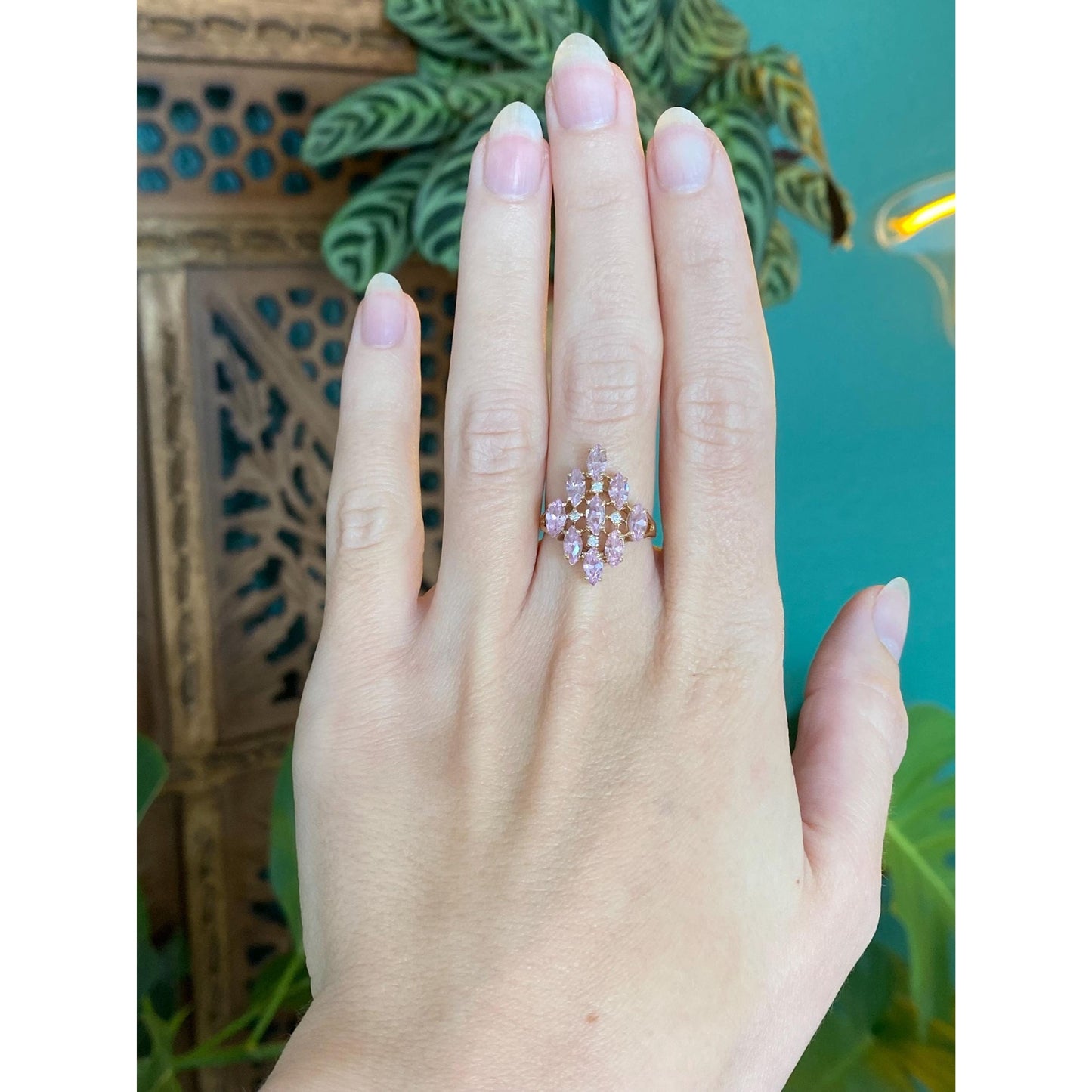 Vintage Solid 10k Yellow Gold Pink & Clear Cubic Zirconia Cluster Ring - Size 6.25