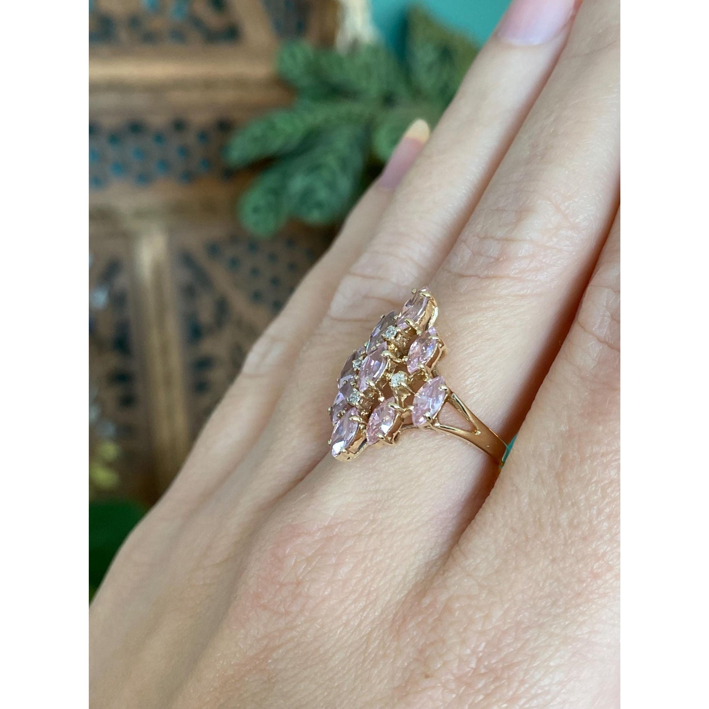 Vintage Solid 10k Yellow Gold Pink & Clear Cubic Zirconia Cluster Ring - Size 6.25