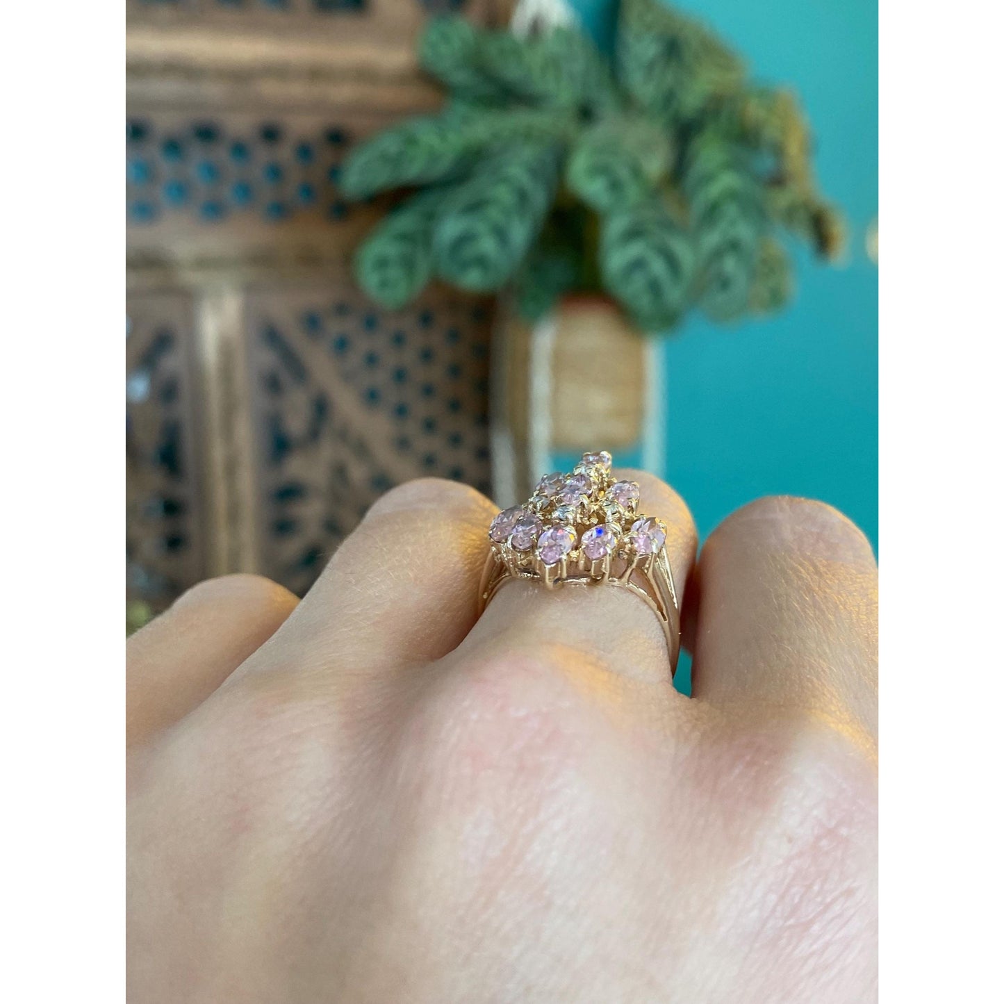 Vintage Solid 10k Yellow Gold Pink & Clear Cubic Zirconia Cluster Ring - Size 6.25