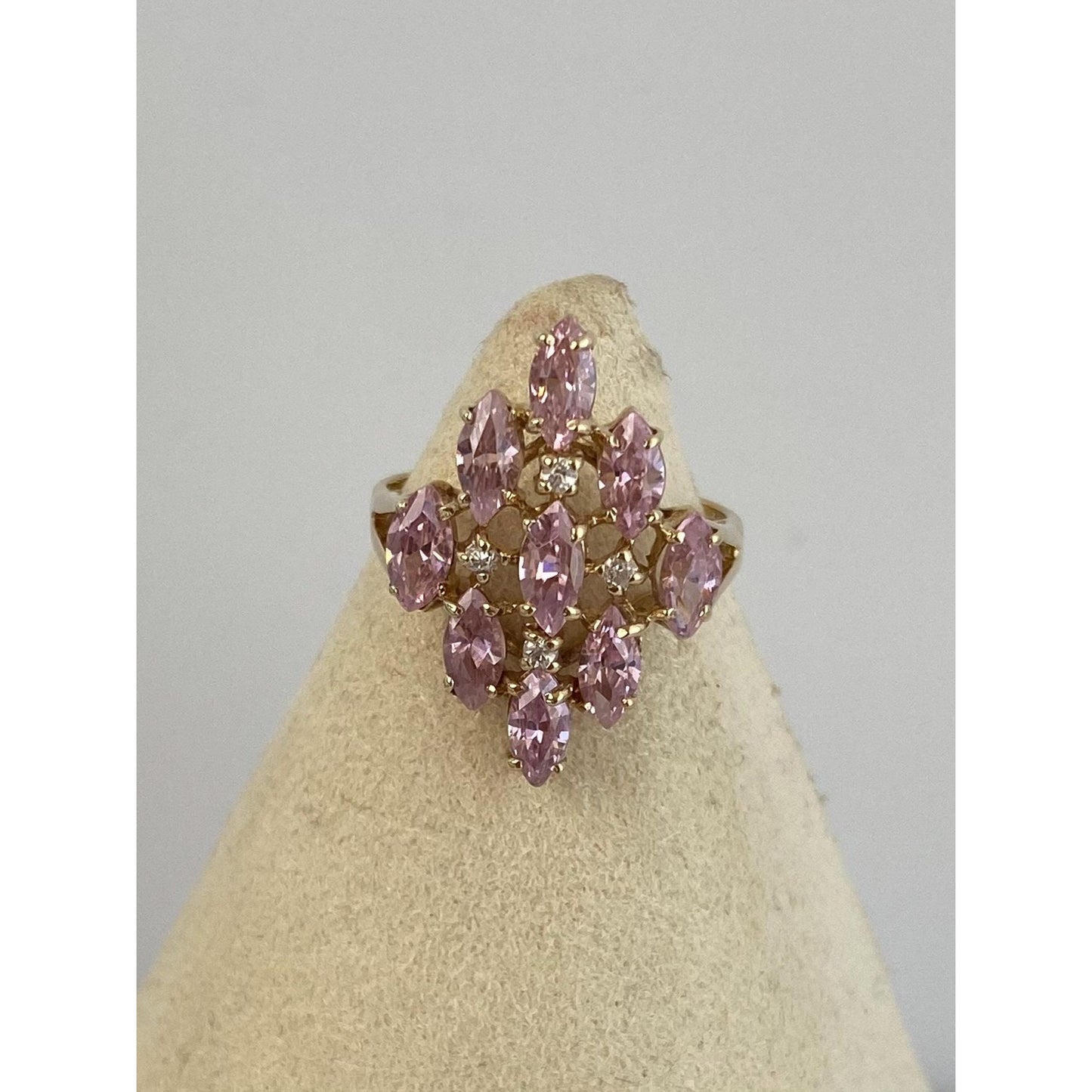 Vintage Solid 10k Yellow Gold Pink & Clear Cubic Zirconia Cluster Ring - Size 6.25