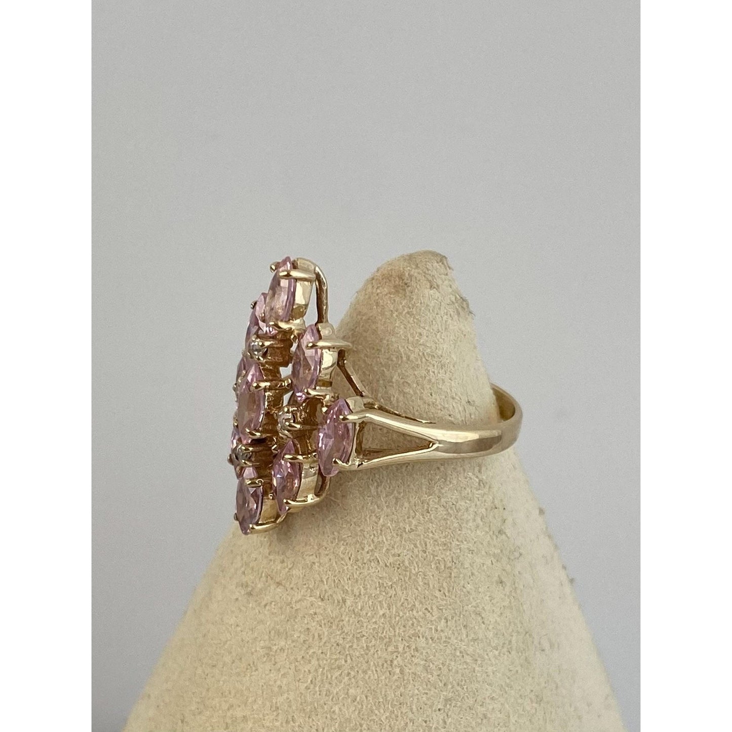 Vintage Solid 10k Yellow Gold Pink & Clear Cubic Zirconia Cluster Ring - Size 6.25