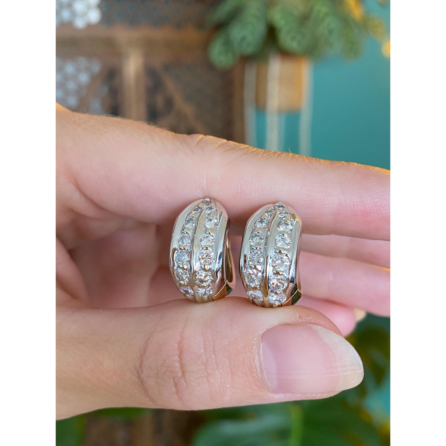 Vintage Solid 14k White & Yellow Gold Diamond Huggie Hoop Earrings