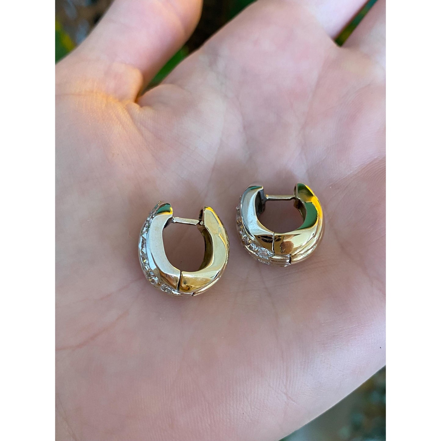 Vintage Solid 14k White & Yellow Gold Diamond Huggie Hoop Earrings