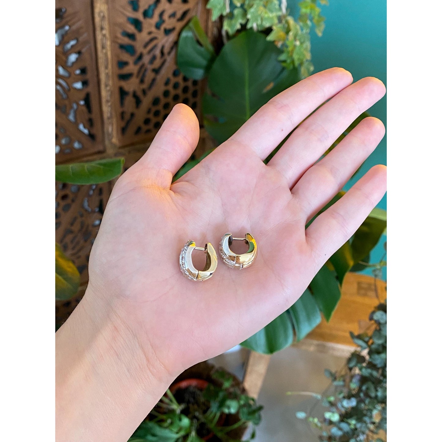 Vintage Solid 14k White & Yellow Gold Diamond Huggie Hoop Earrings