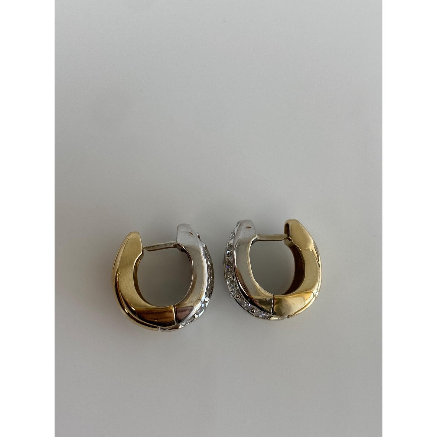 Vintage Solid 14k White & Yellow Gold Diamond Huggie Hoop Earrings