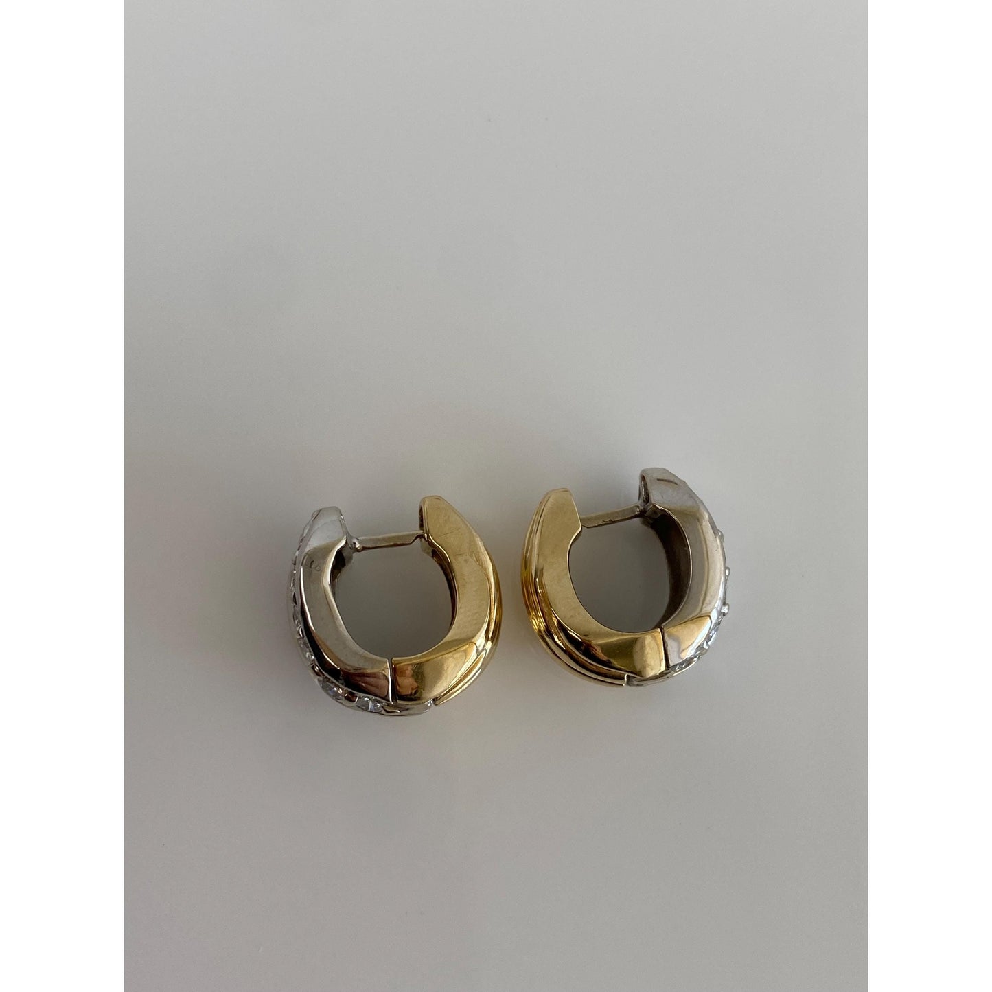 Vintage Solid 14k White & Yellow Gold Diamond Huggie Hoop Earrings