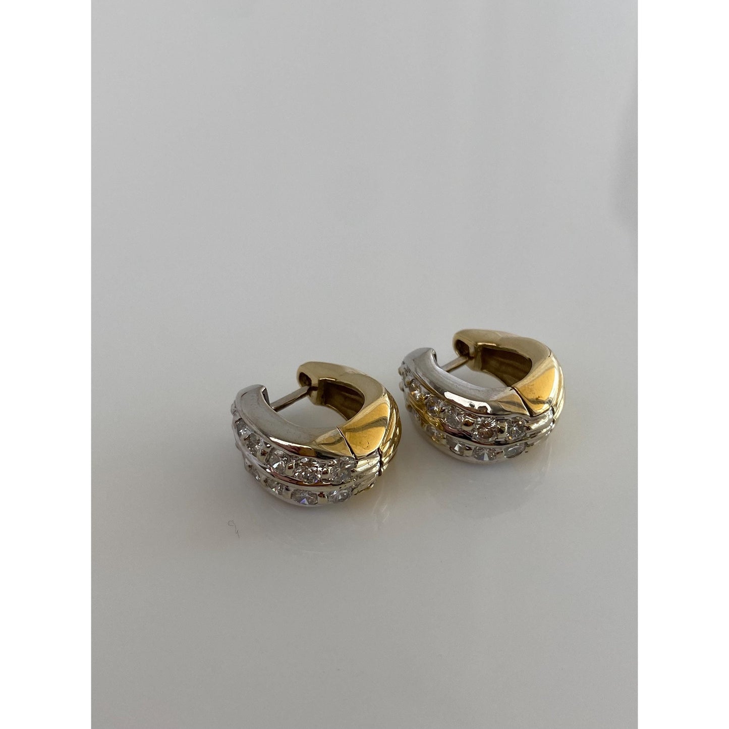 Vintage Solid 14k White & Yellow Gold Diamond Huggie Hoop Earrings