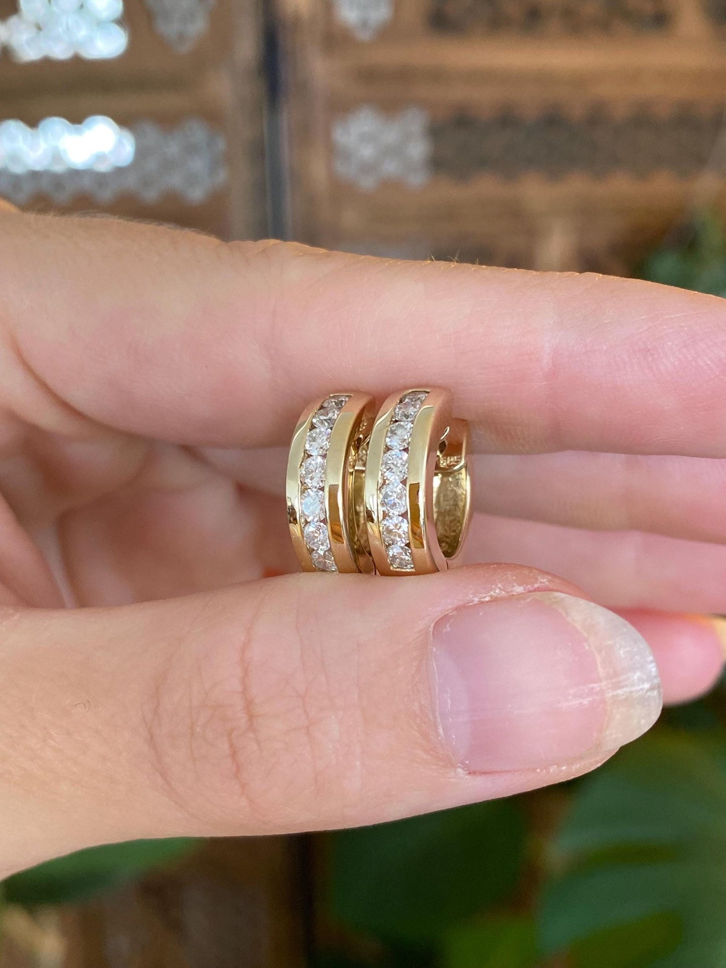 Vintage Solid 14k Yellow Gold Diamond Hoop Earrings