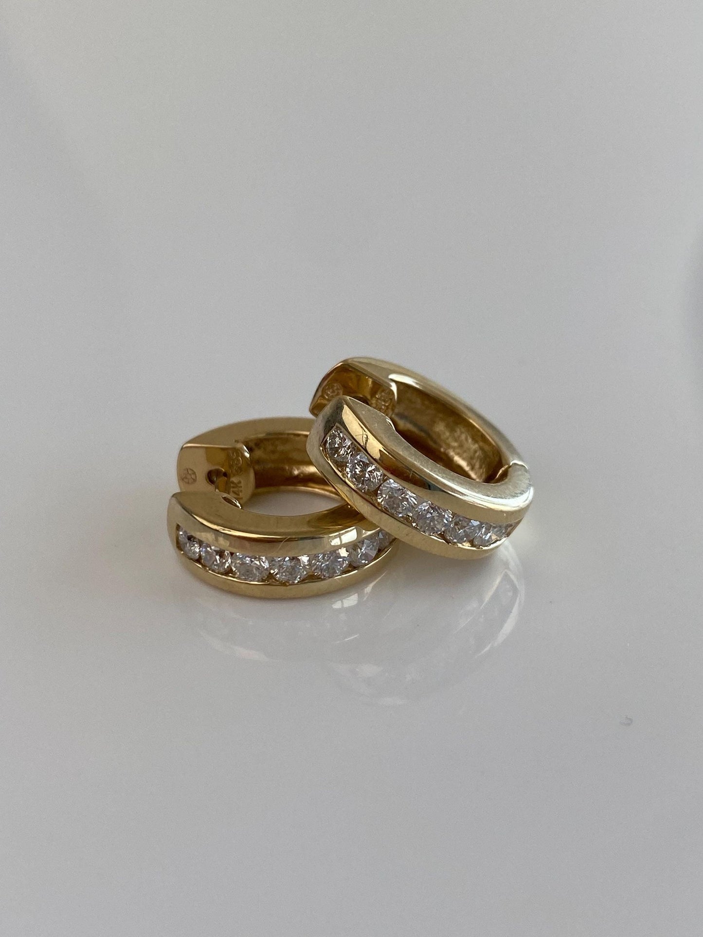 Vintage Solid 14k Yellow Gold Diamond Hoop Earrings