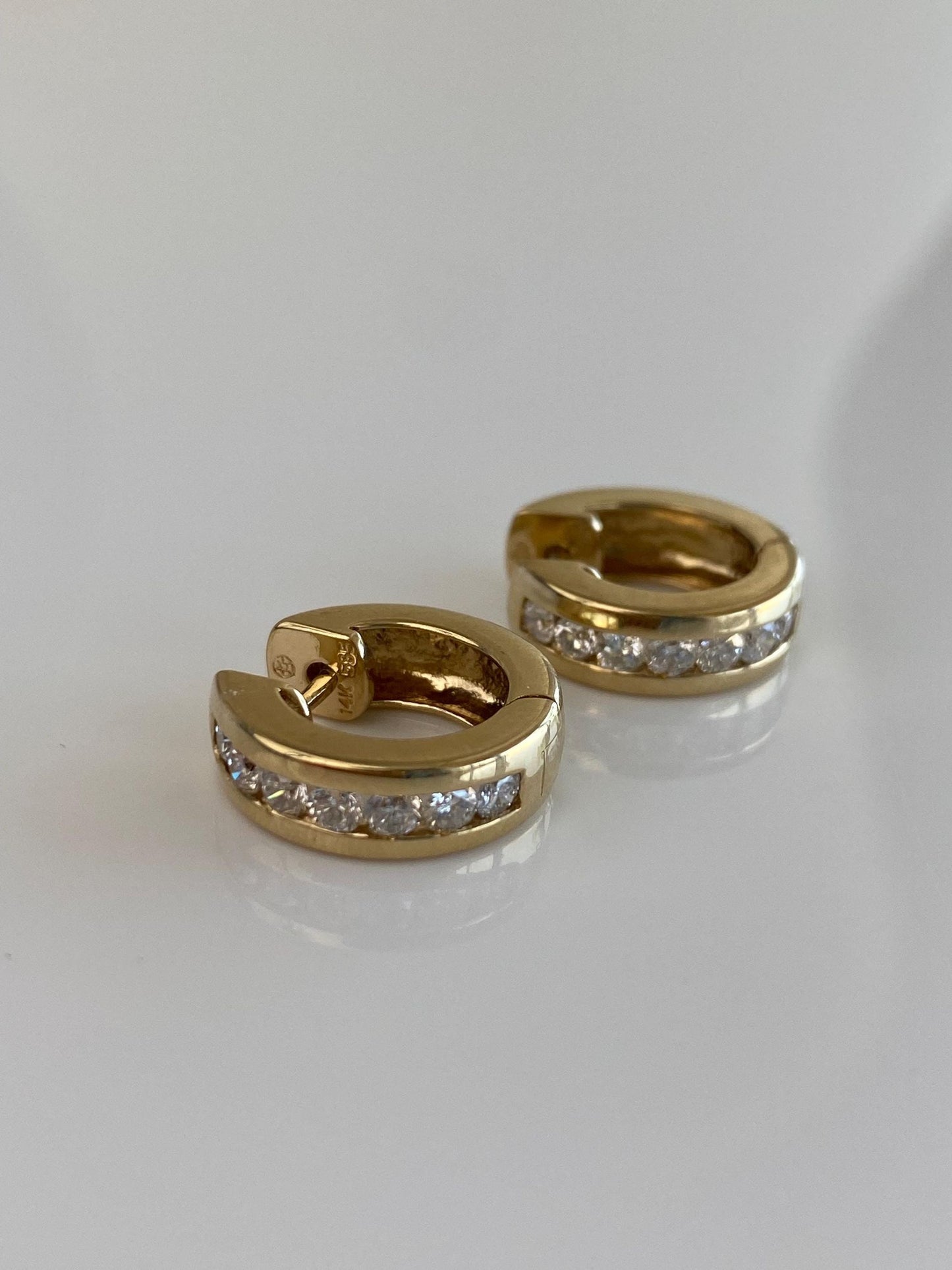 Vintage Solid 14k Yellow Gold Diamond Hoop Earrings