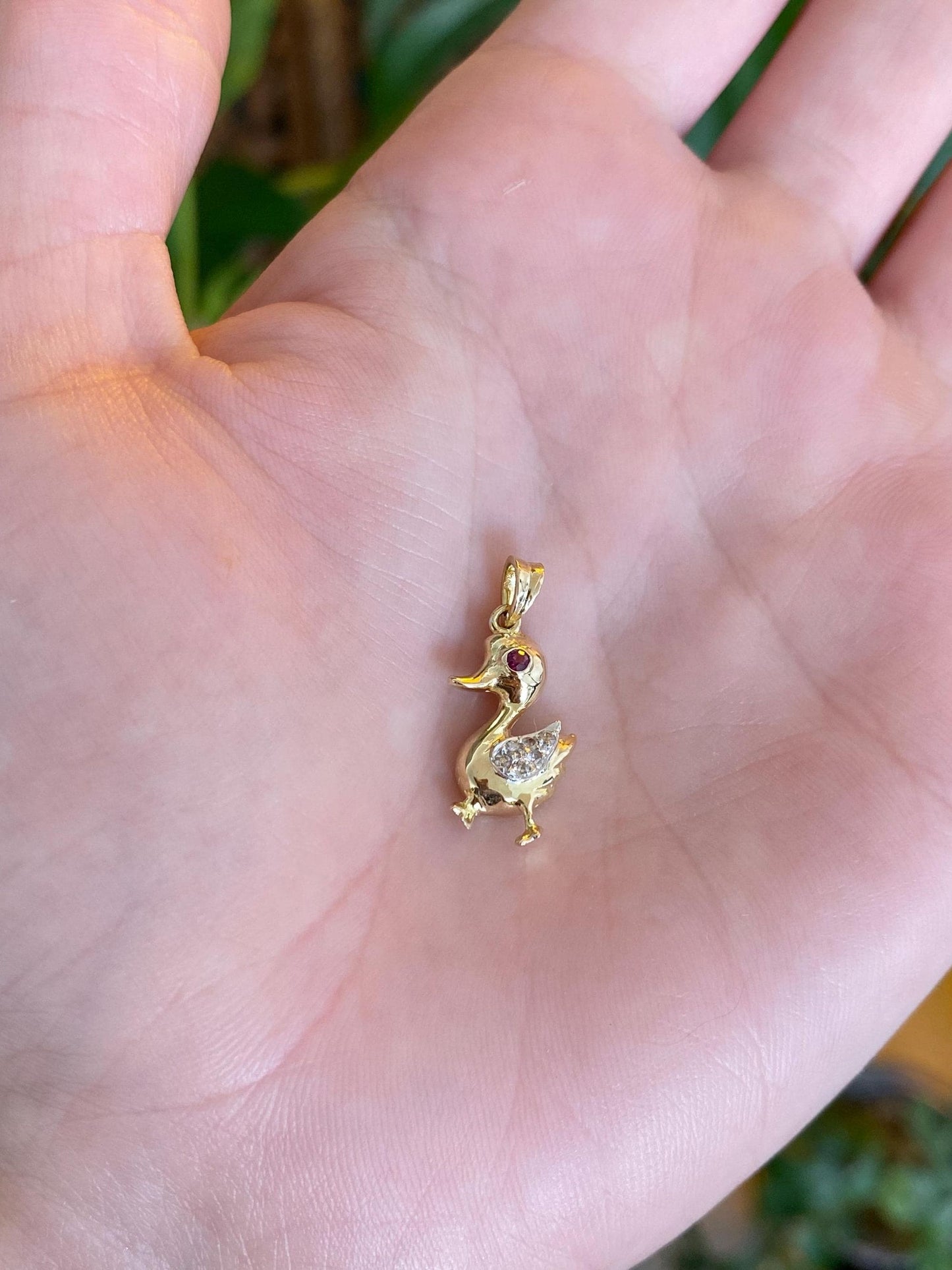 Vintage Solid 14k White & Yellow Gold Diamond Ruby Baby Duck Charm