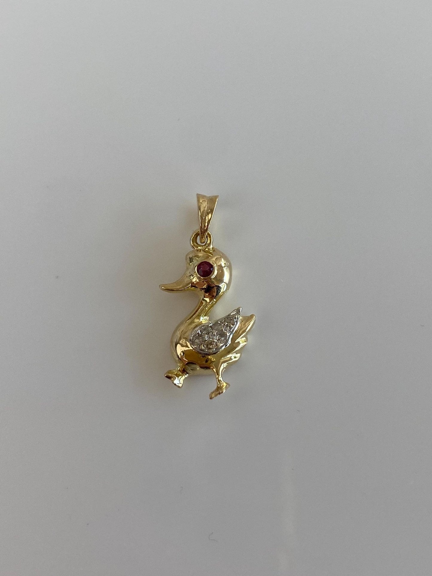 Vintage Solid 14k White & Yellow Gold Diamond Ruby Baby Duck Charm