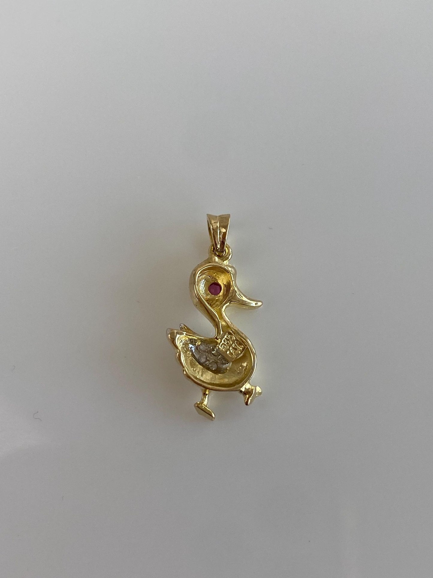 Vintage Solid 14k White & Yellow Gold Diamond Ruby Baby Duck Charm