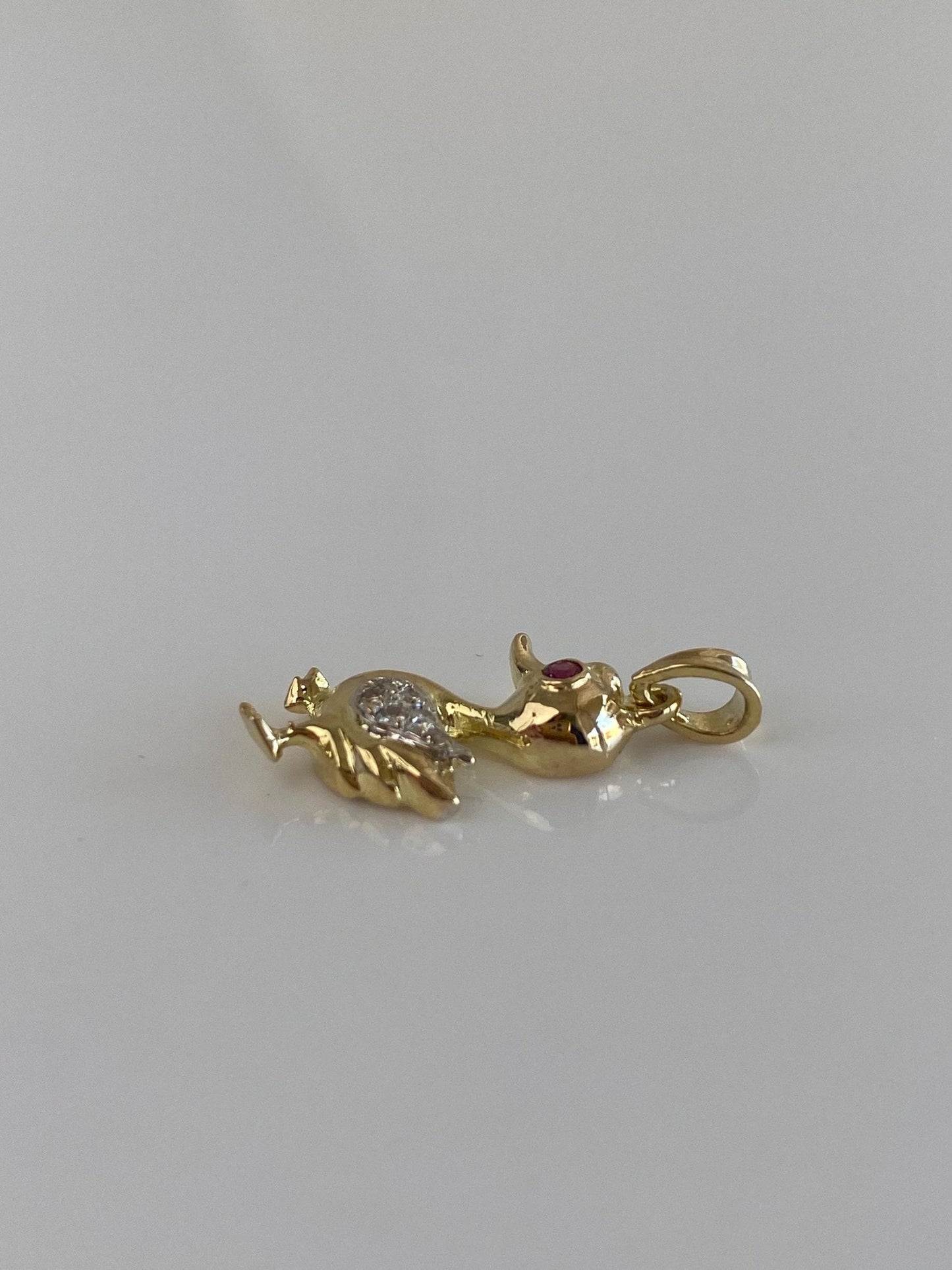 Vintage Solid 14k White & Yellow Gold Diamond Ruby Baby Duck Charm