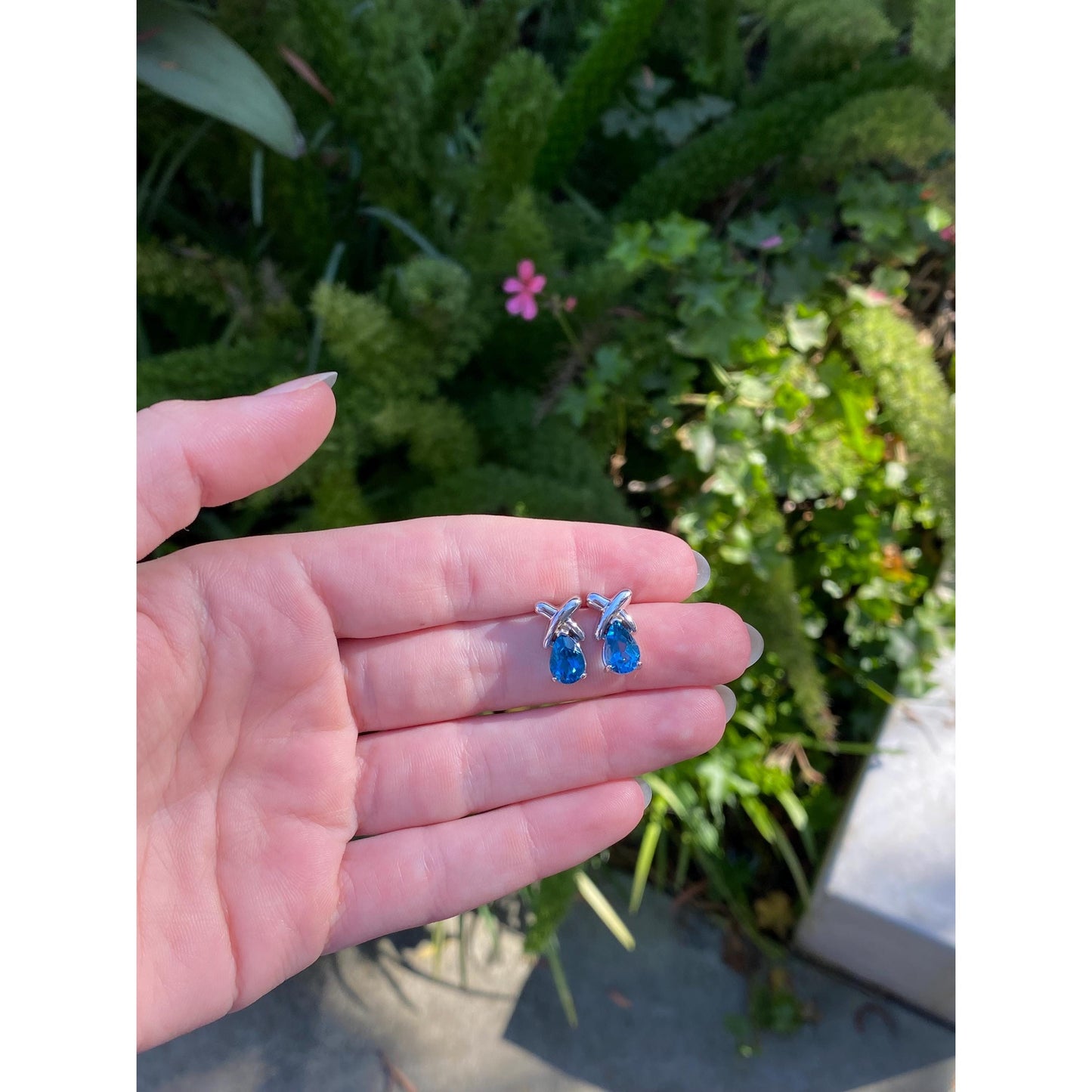 Vintage Solid 14k White Gold Topaz X Stud Earrings