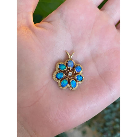 Solid 14k Yellow Gold Diamond Opal Triplet Flower Charm