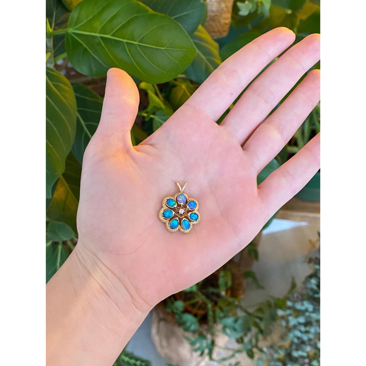 Solid 14k Yellow Gold Diamond Opal Triplet Flower Charm