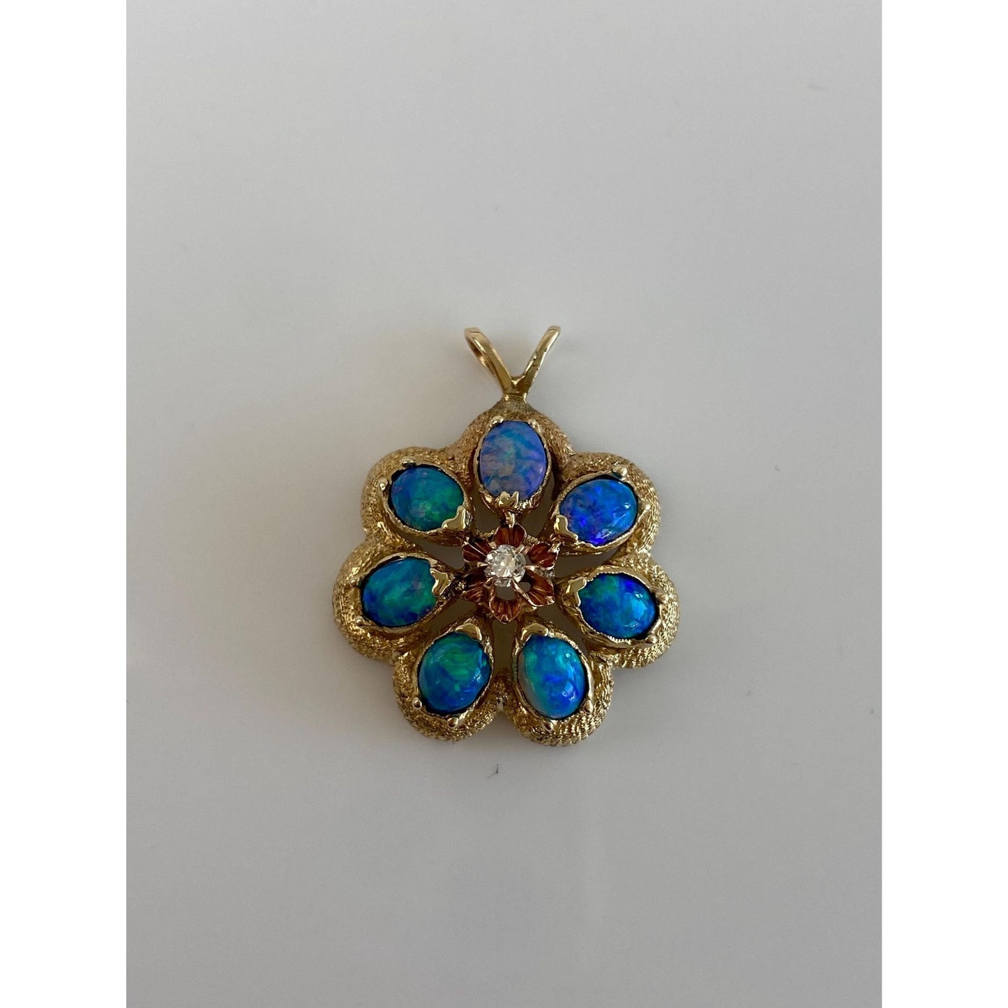 Solid 14k Yellow Gold Diamond Opal Triplet Flower Charm
