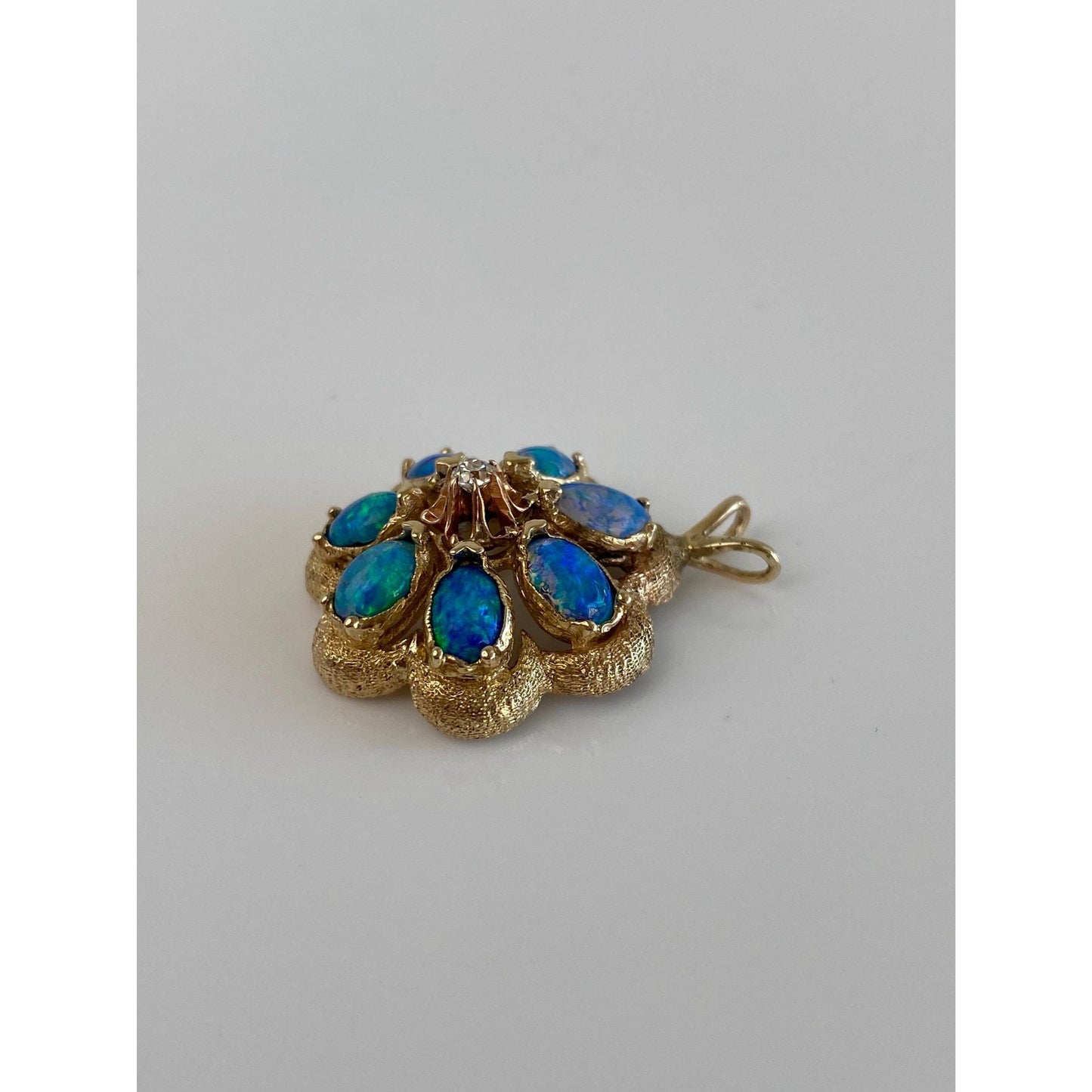 Solid 14k Yellow Gold Diamond Opal Triplet Flower Charm
