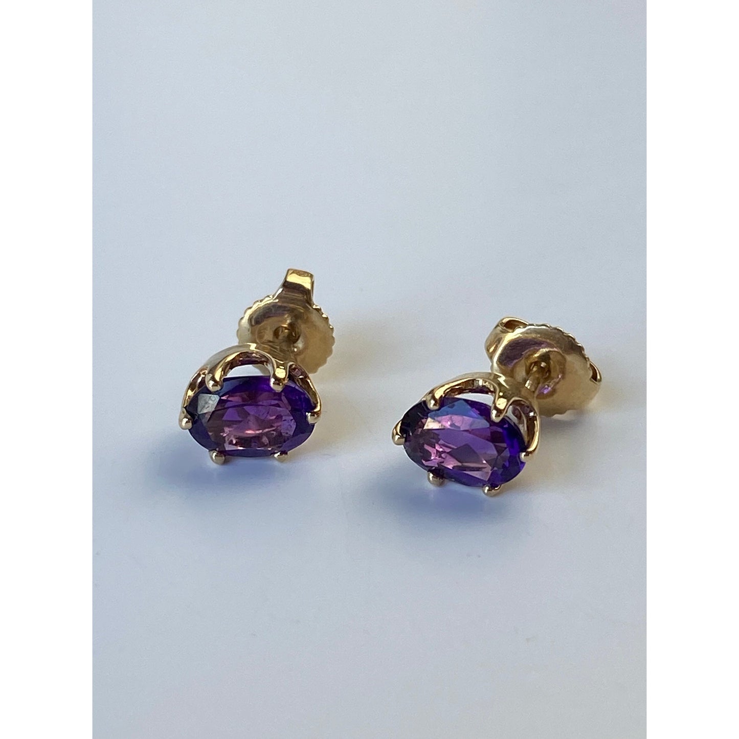 Vintage Solid 14k Yellow Gold Amethyst Stud Earrings