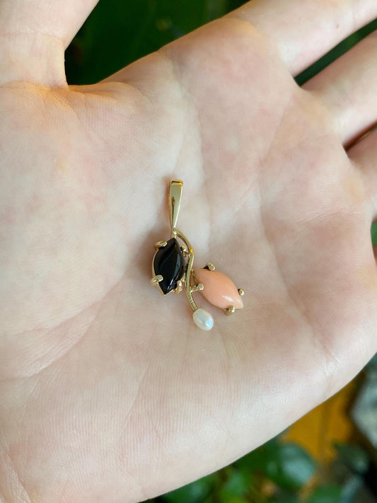 Vintage Solid 14k Yellow Gold Pearl Marquis Coral & Onyx Charm