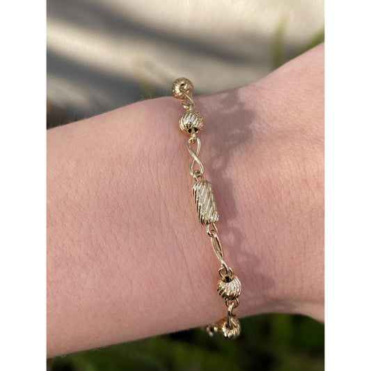 Vintage Solid 14k Yellow Gold Scalloped Bead Link Bracelet - 7.5 inches