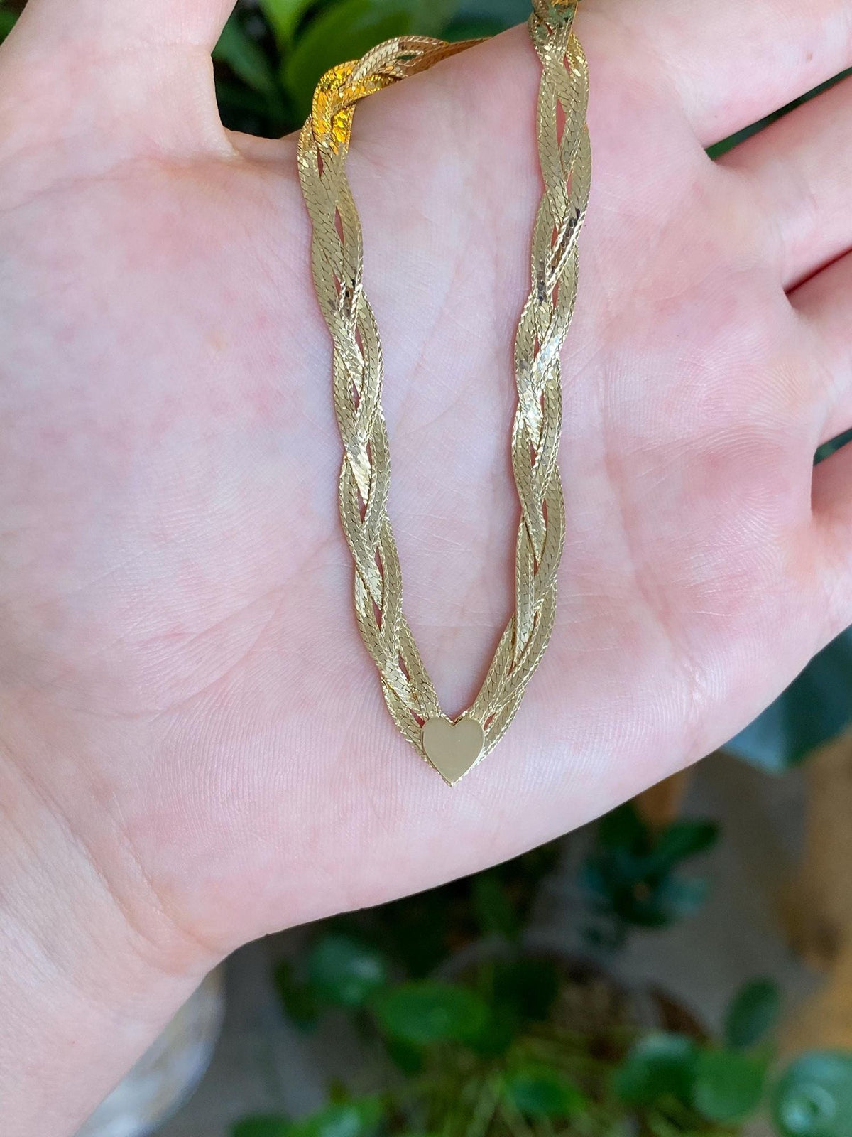 Vintage Solid 14k Yellow Gold Braided Flat Chain Heart Chevron Necklace - 16 inches