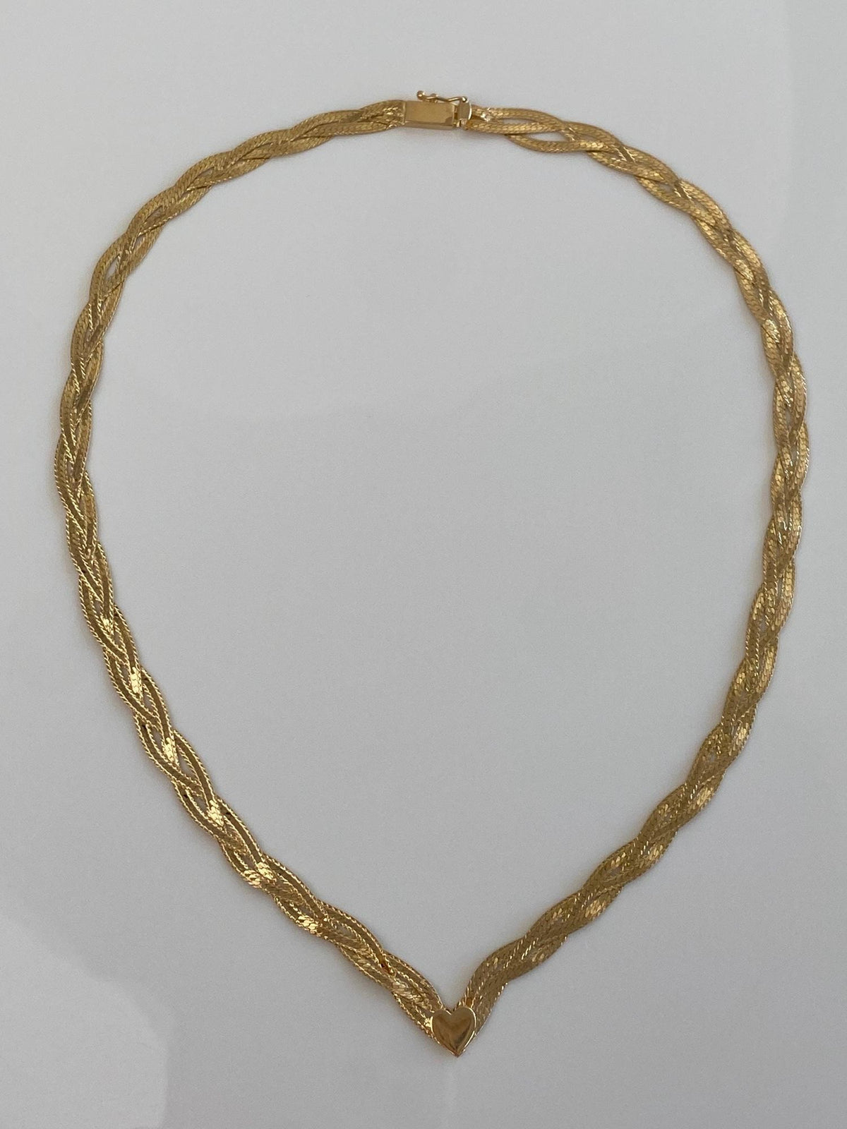 Vintage Solid 14k Yellow Gold Braided Flat Chain Heart Chevron Necklace - 16 inches