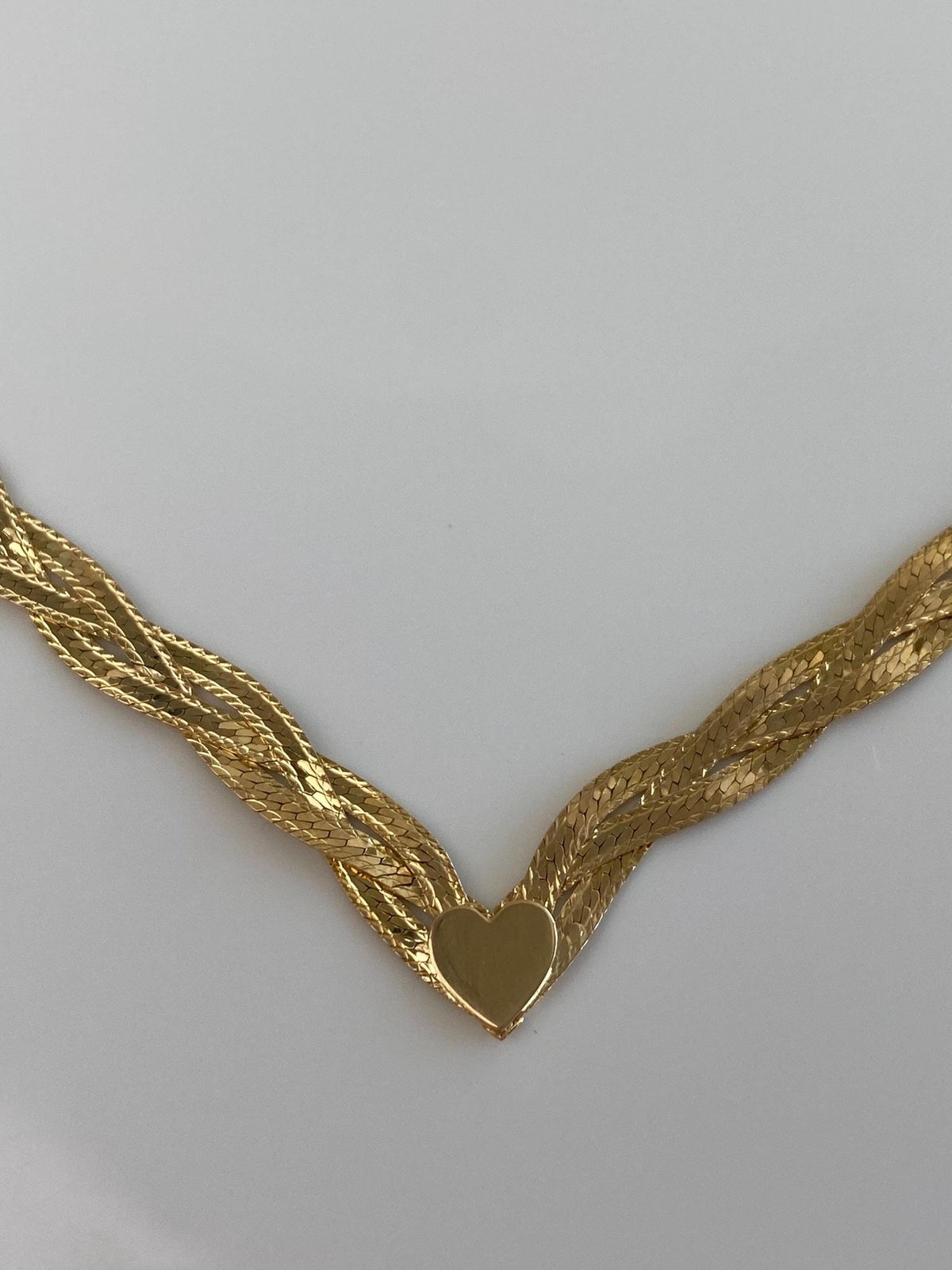 Vintage Solid 14k Yellow Gold Braided Flat Chain Heart Chevron Necklace - 16 inches
