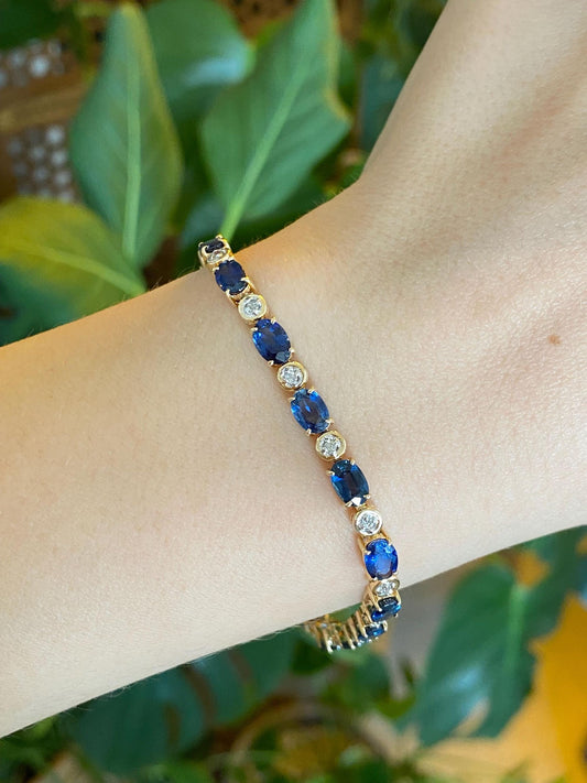 Solid 14k White & Yellow Gold Diamond Blue Sapphire Link Bracelet - 7.25 inches