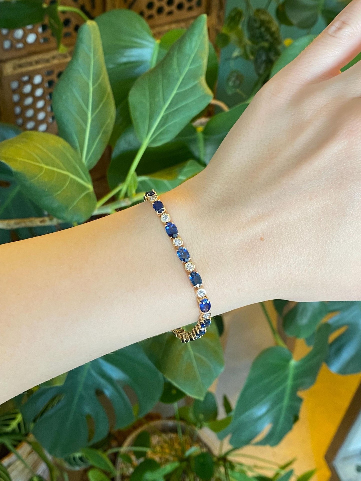 Solid 14k White & Yellow Gold Diamond Blue Sapphire Link Bracelet - 7.25 inches