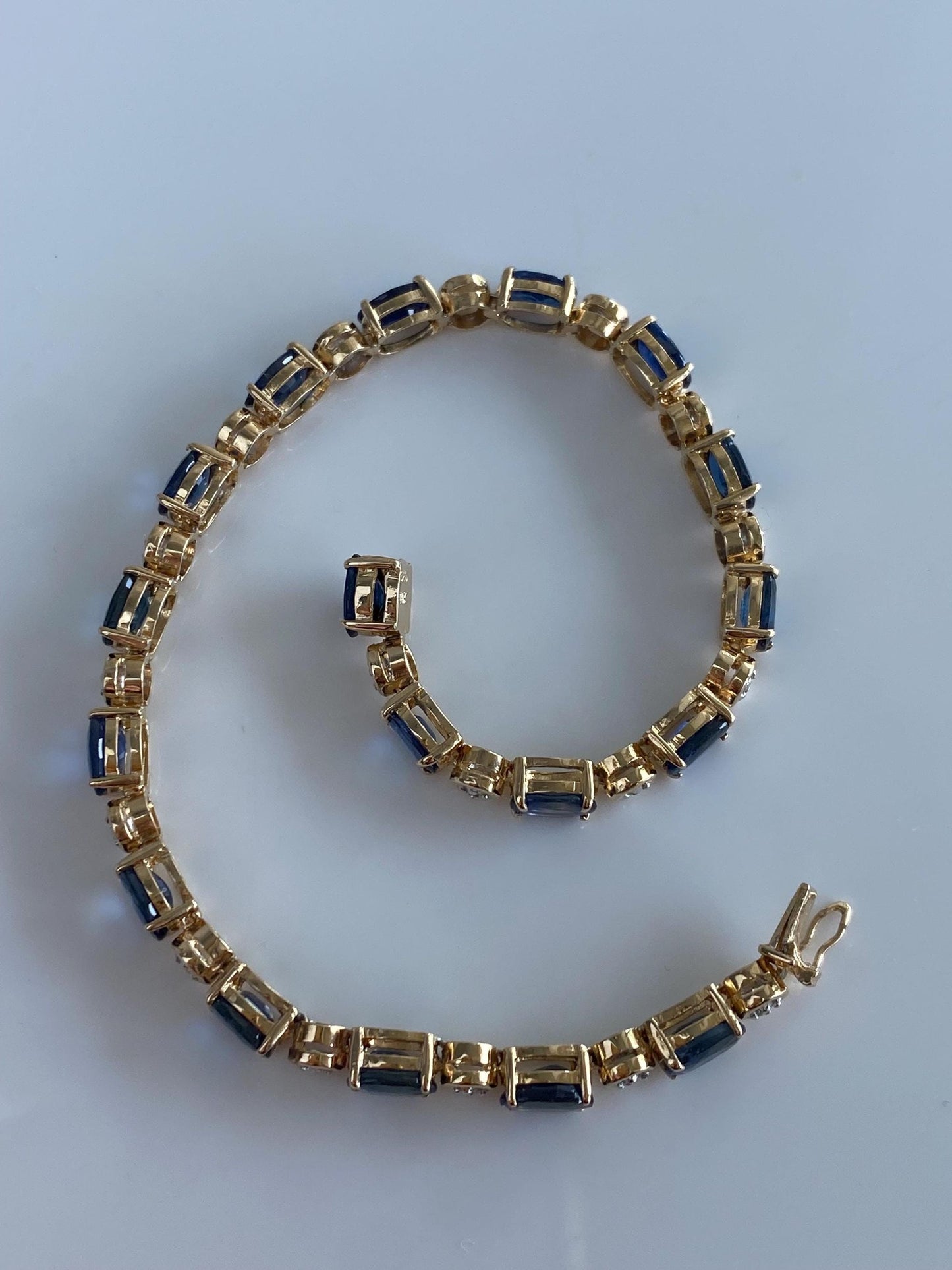Solid 14k White & Yellow Gold Diamond Blue Sapphire Link Bracelet - 7.25 inches
