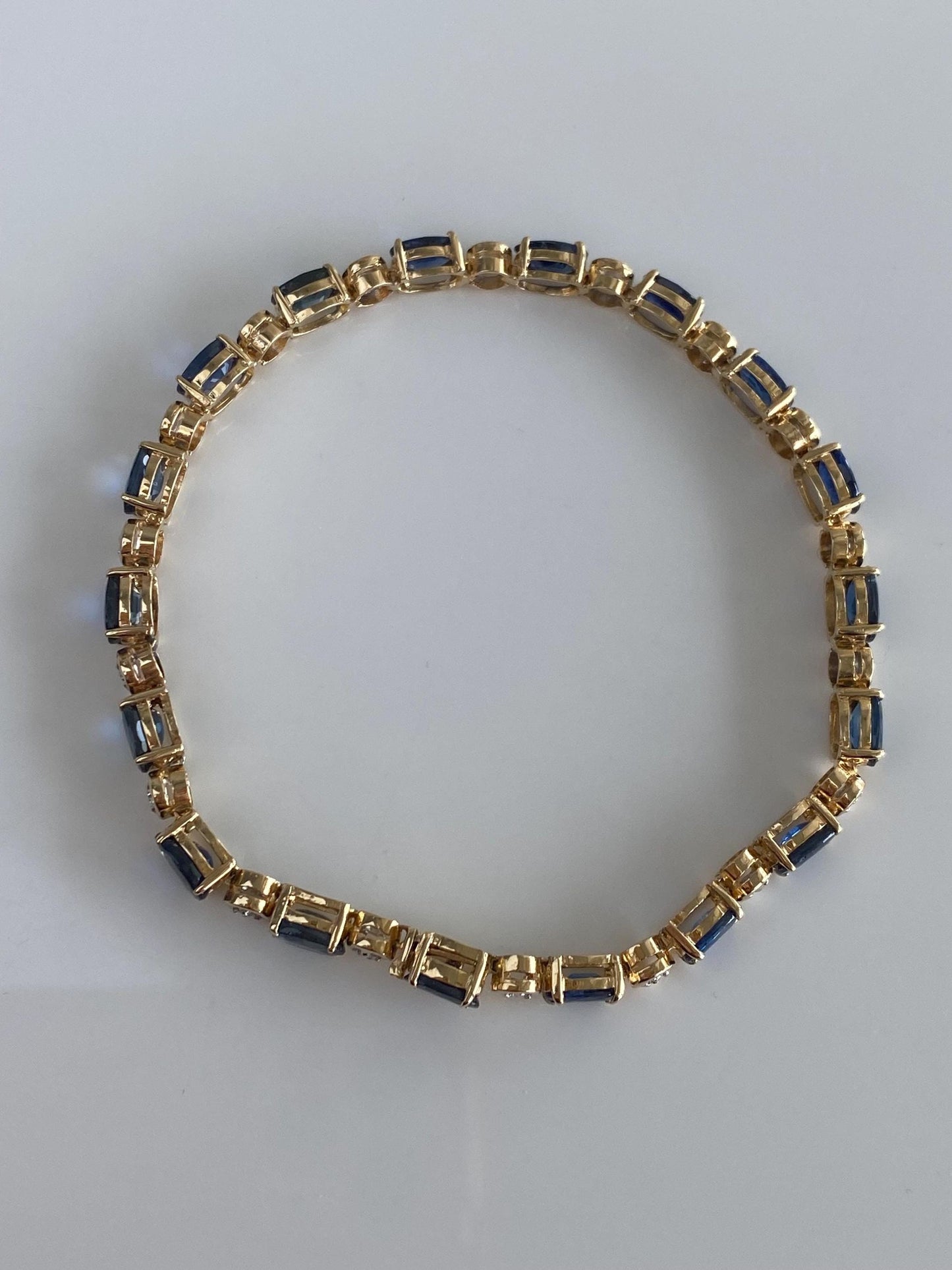 Solid 14k White & Yellow Gold Diamond Blue Sapphire Link Bracelet - 7.25 inches