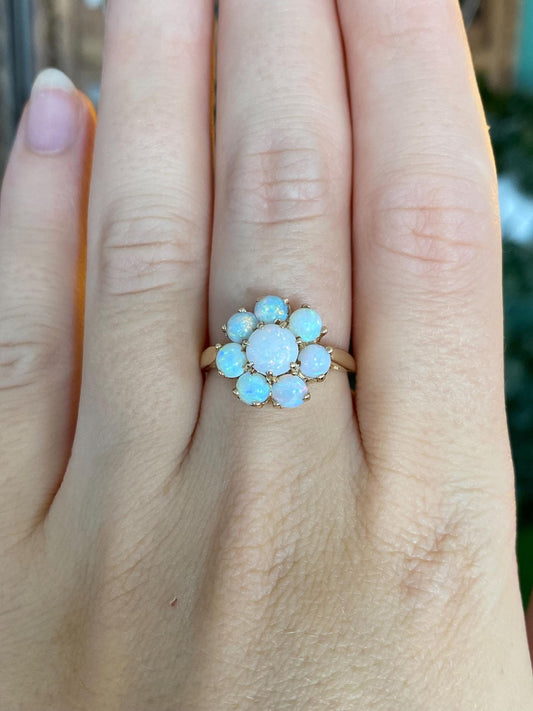 Vintage Solid 10k Yellow Gold Opal Cluster Ring - Size 7.25