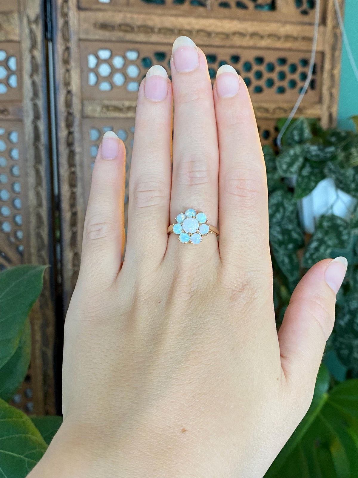 Vintage Solid 10k Yellow Gold Opal Cluster Ring - Size 7.25