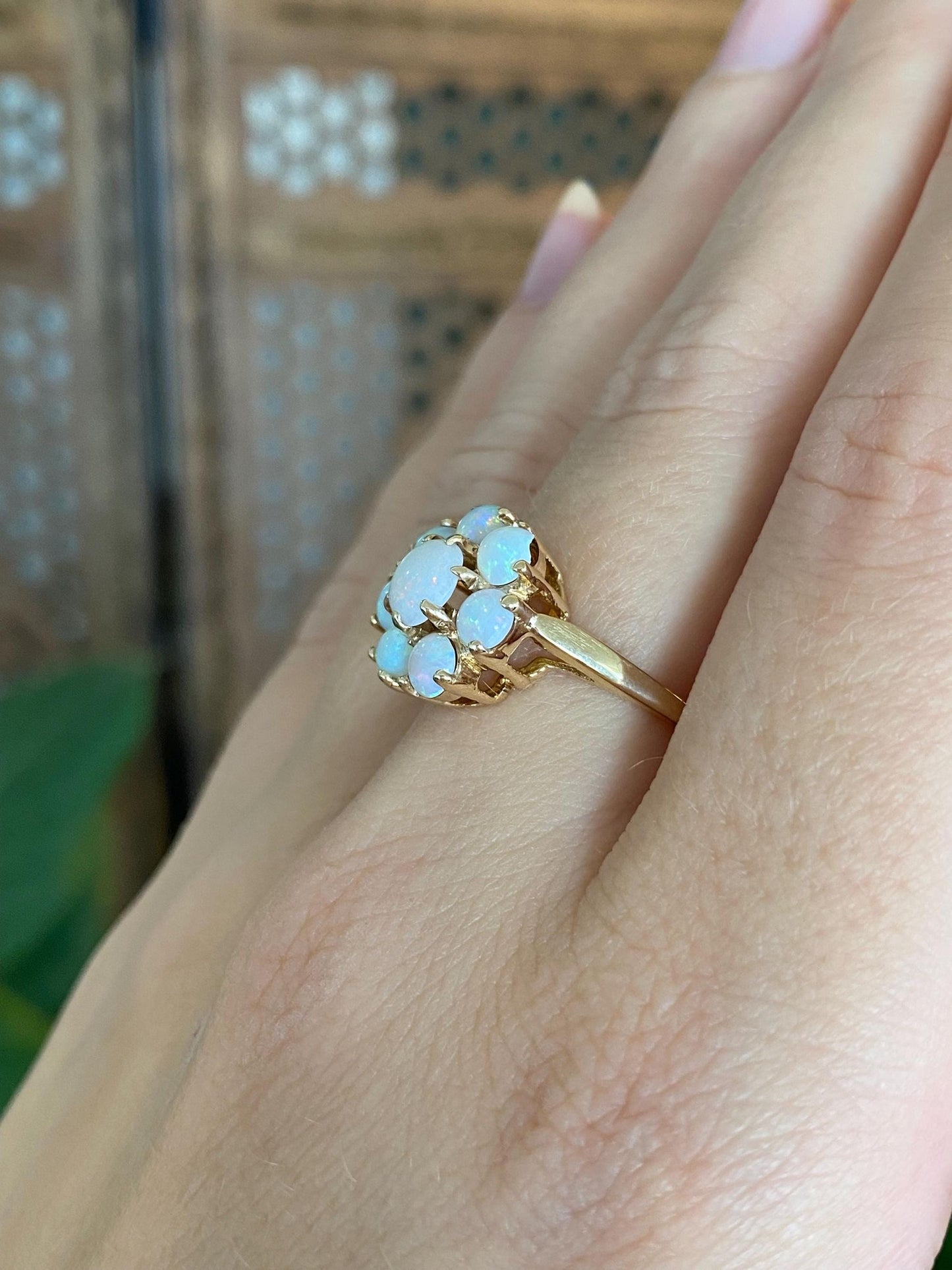 Vintage Solid 10k Yellow Gold Opal Cluster Ring - Size 7.25