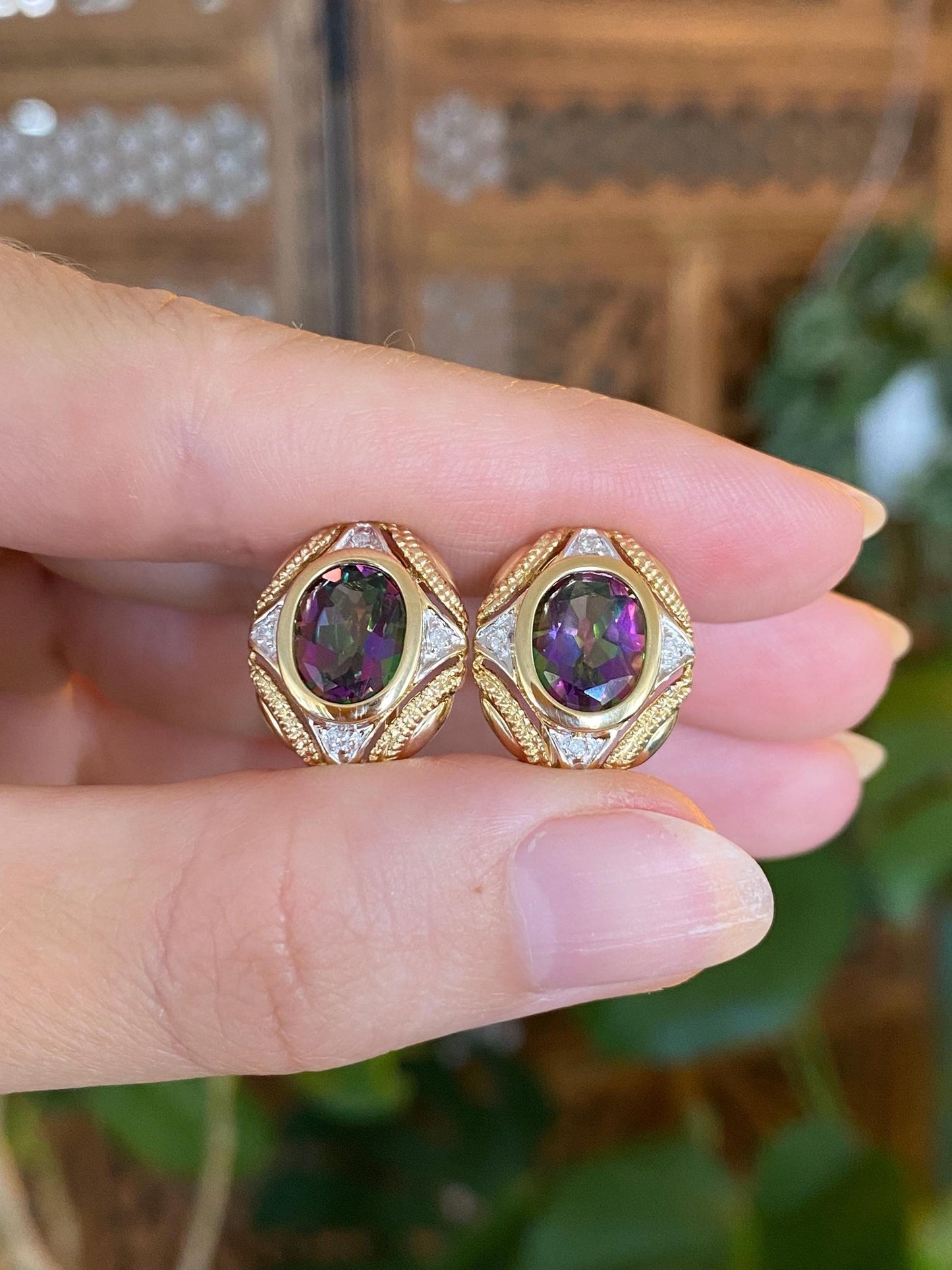 Vintage Solid 14k White & Yellow Gold Diamonds Mystic Topaz Drop Earrings