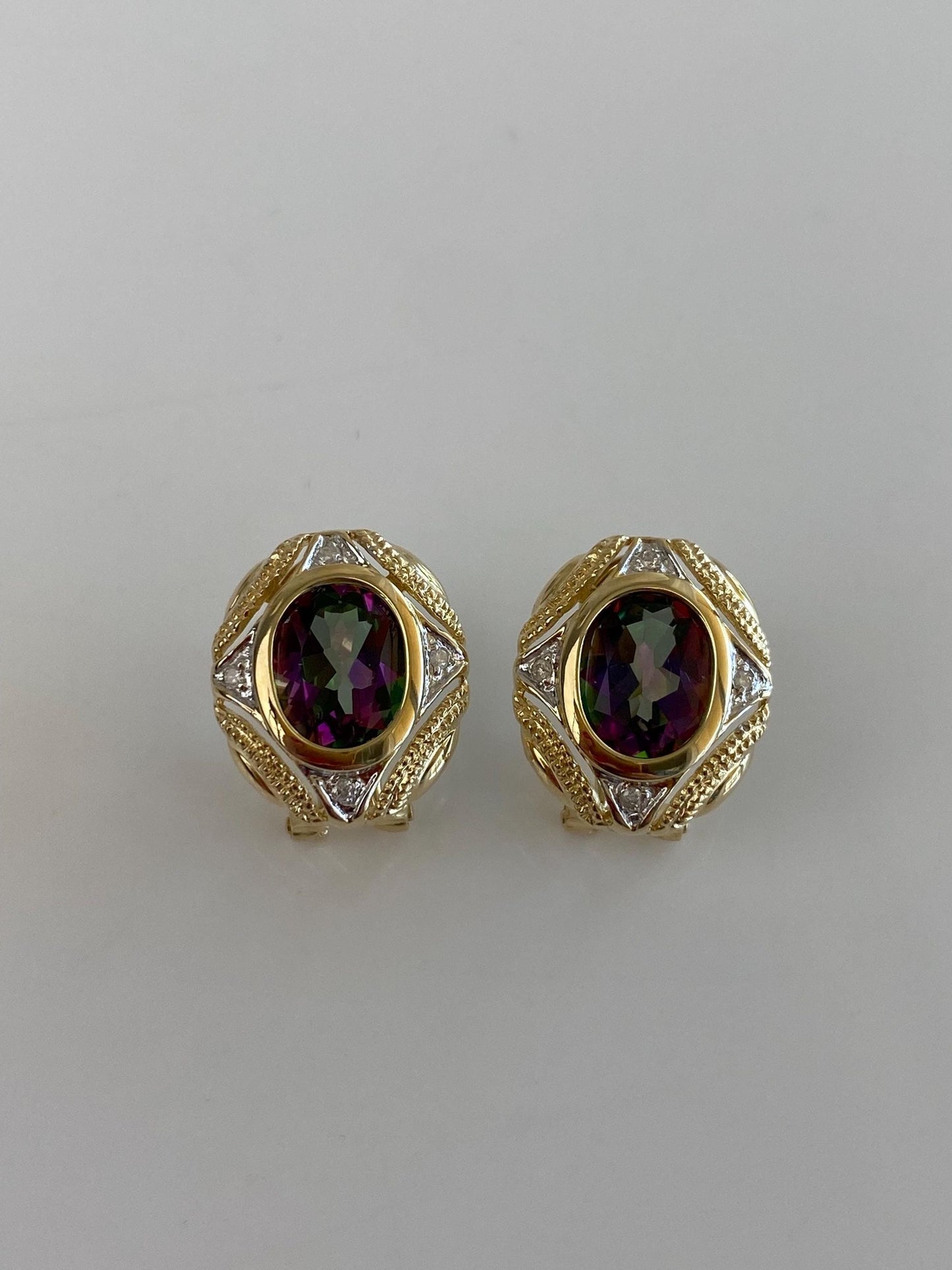 Vintage Solid 14k White & Yellow Gold Diamonds Mystic Topaz Drop Earrings