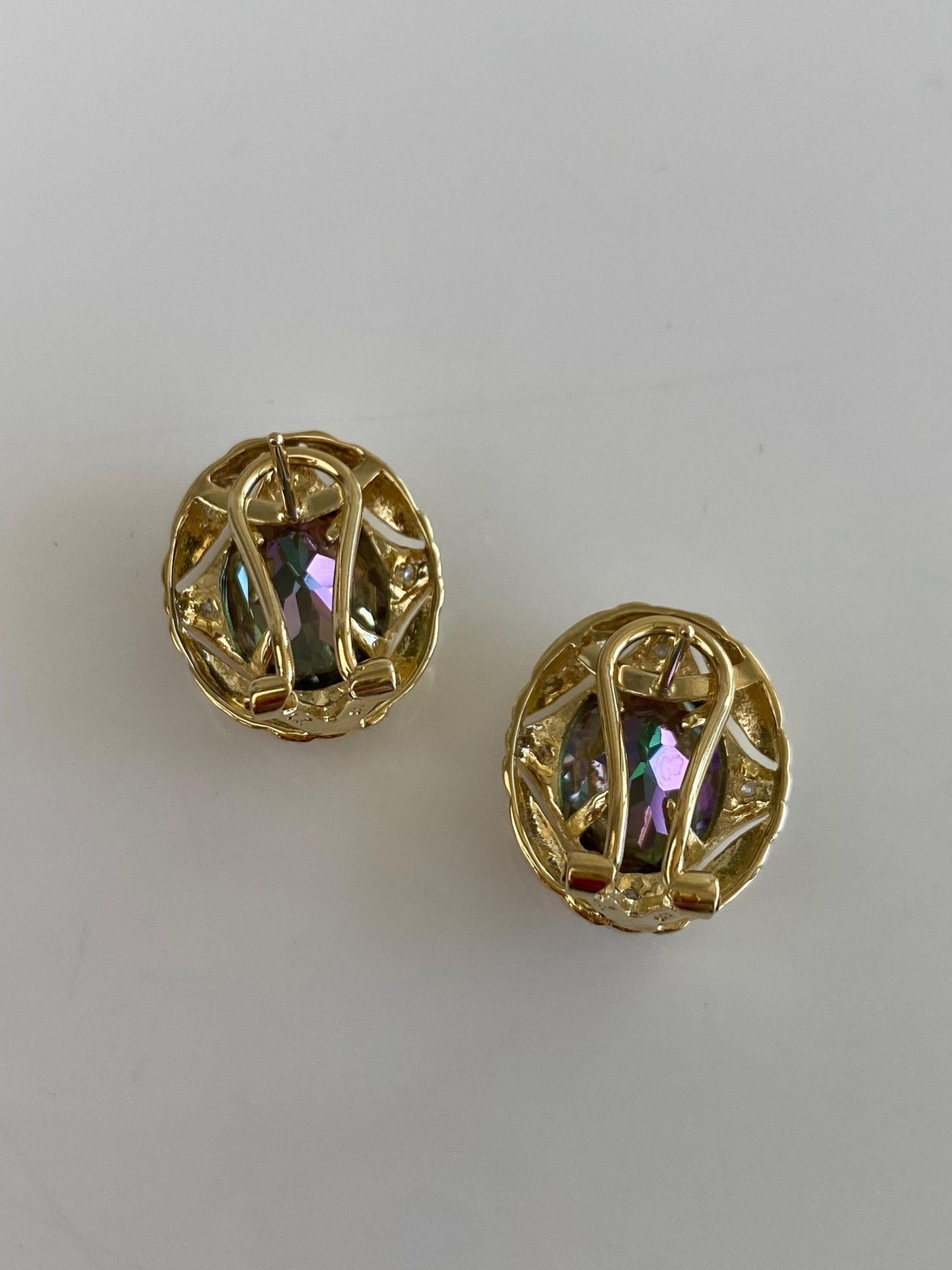 Vintage Solid 14k White & Yellow Gold Diamonds Mystic Topaz Drop Earrings