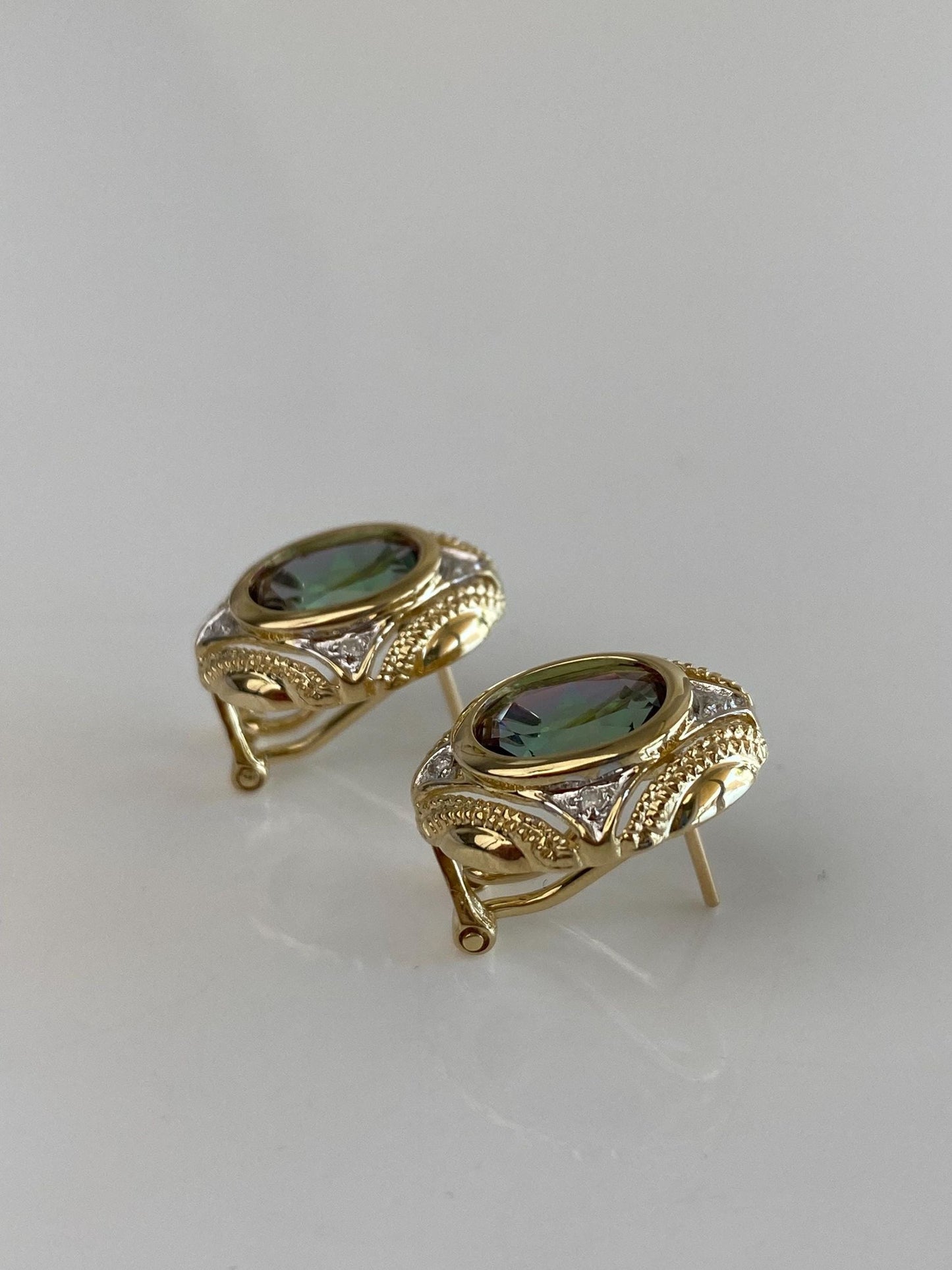 Vintage Solid 14k White & Yellow Gold Diamonds Mystic Topaz Drop Earrings