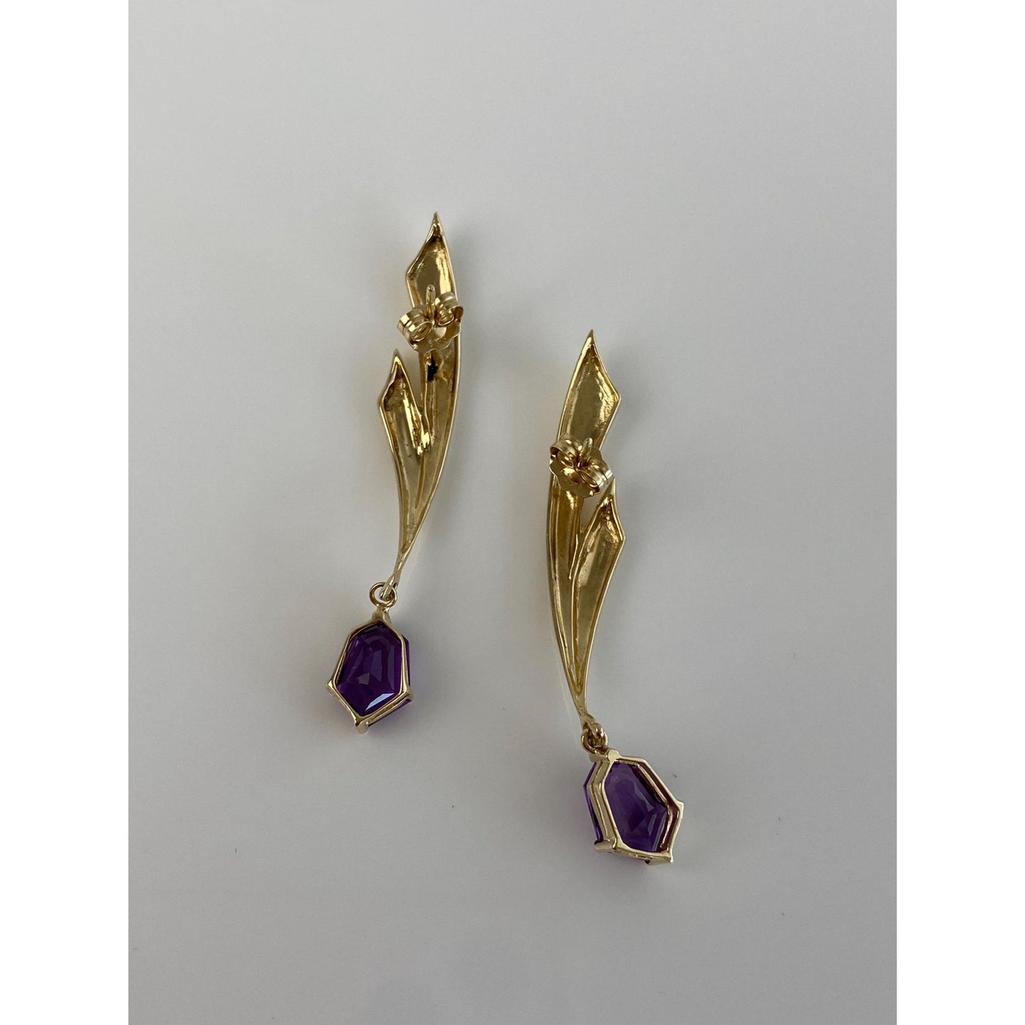 Vintage Solid 14k Yellow Gold Amethyst Dangle Stud Earrings
