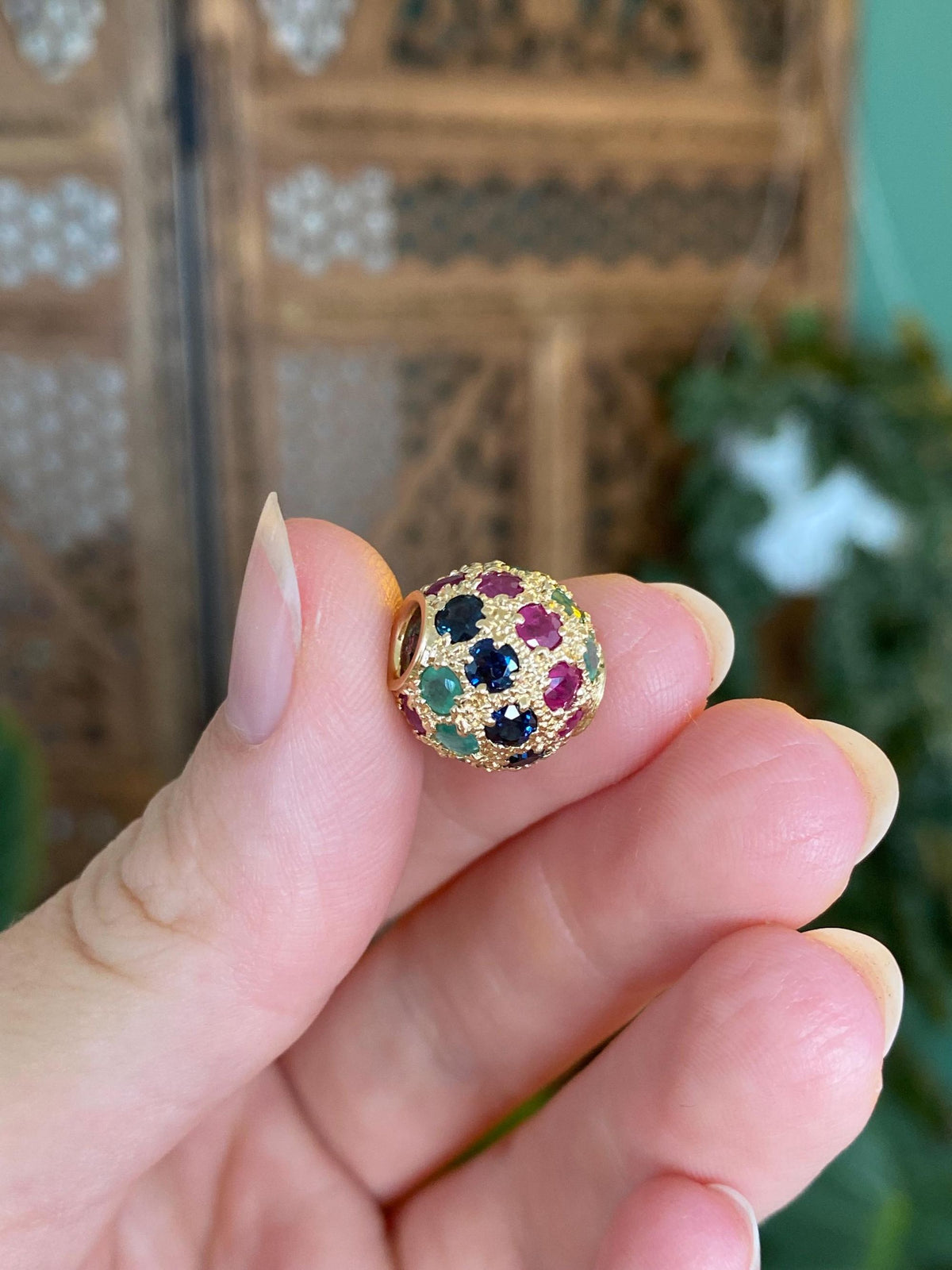 Vintage Solid 14k Yellow Gold Emerald Ruby Blue Sapphire Textured Ball Charm