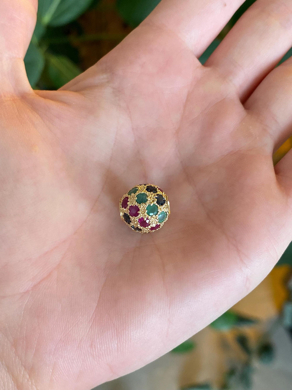 Vintage Solid 14k Yellow Gold Emerald Ruby Blue Sapphire Textured Ball Charm