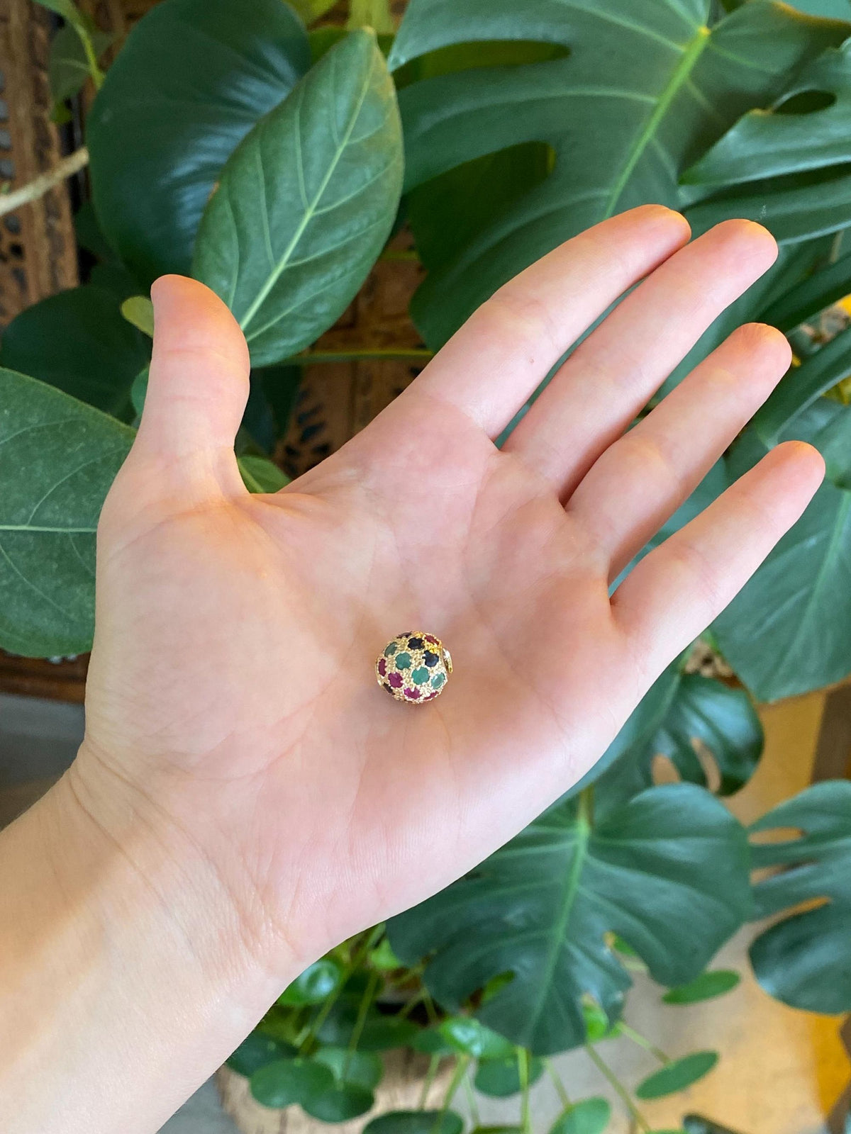 Vintage Solid 14k Yellow Gold Emerald Ruby Blue Sapphire Textured Ball Charm